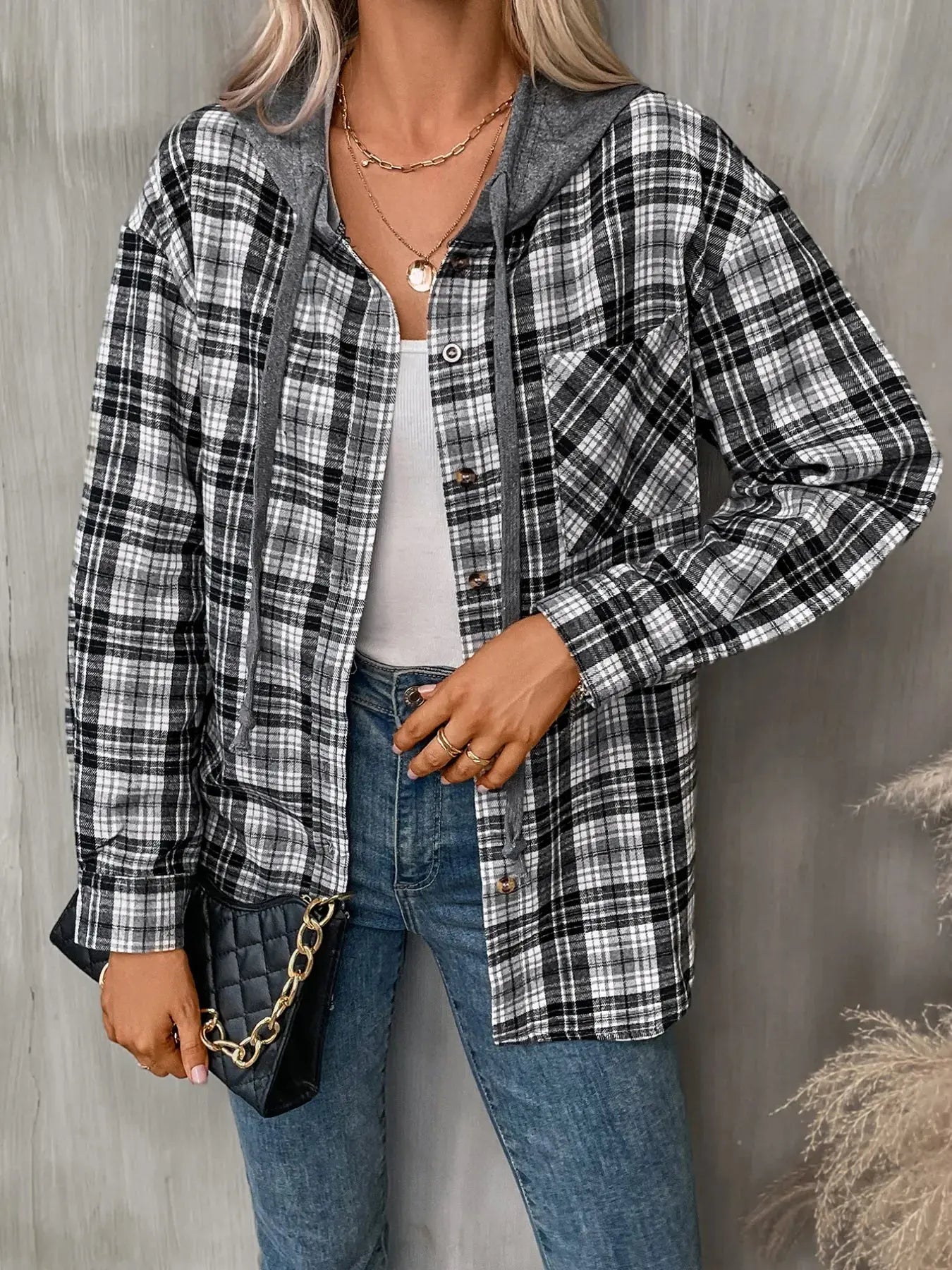Plaid Button-Up Oversized Hooded Shirt with Chest Pocket