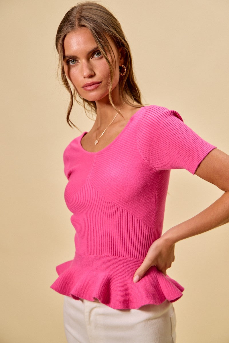 Hot Pink Ribbed Knit Short Sleeves Peplum Sweater Top