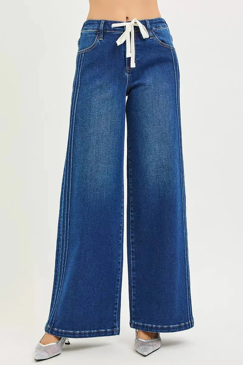 RISEN Jeans - Full Size Mid Rise Wide Side Pintuck Jeans with Front Drawstring