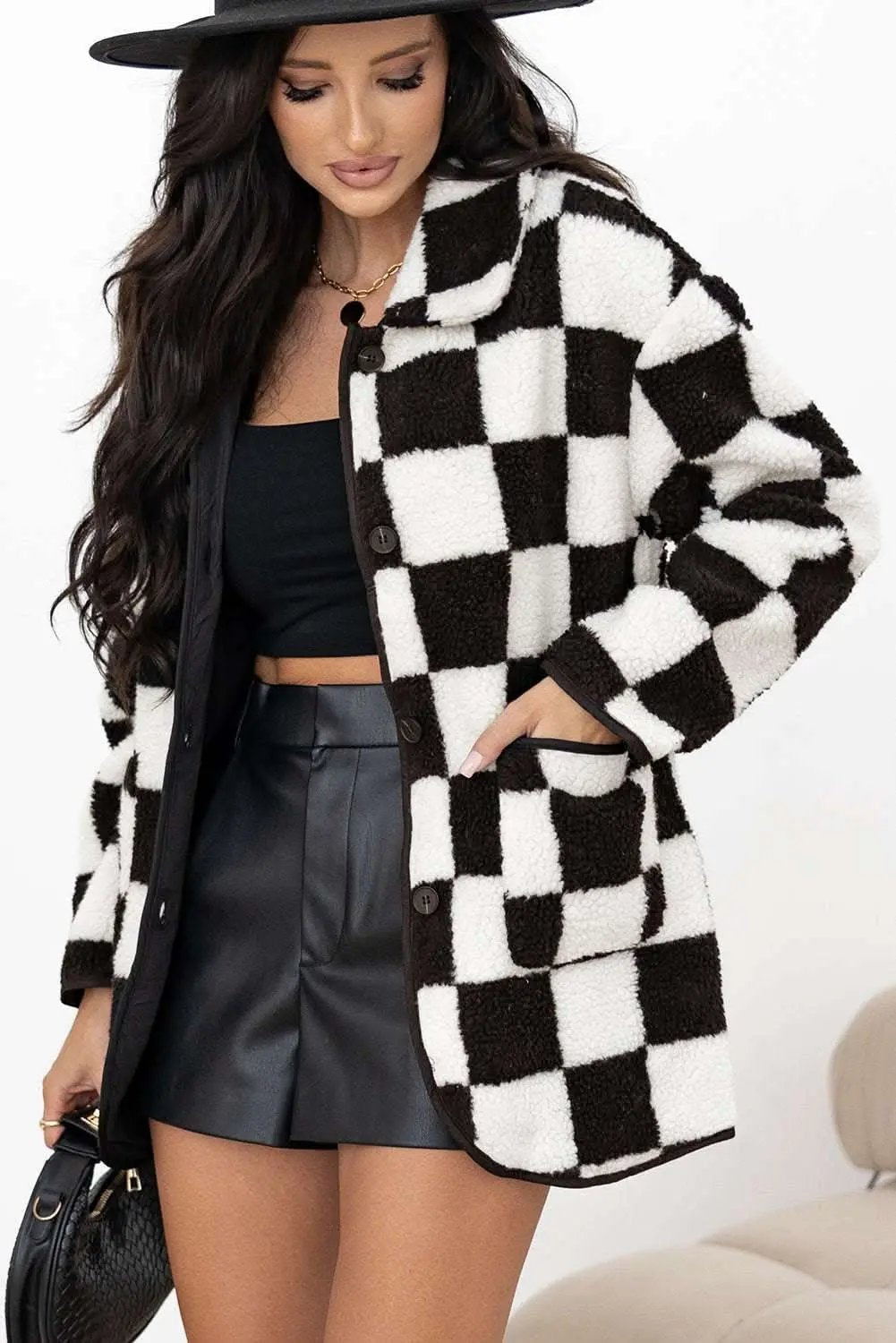 Love Salve Women's Fleece Jacket Black Checkered — Warm Casual Outerwear