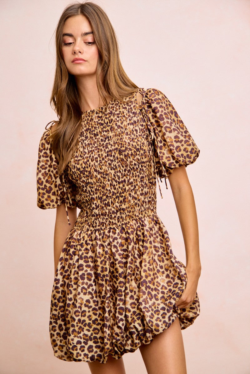 Leopard Print Dress With Attachable Puff Sleeves