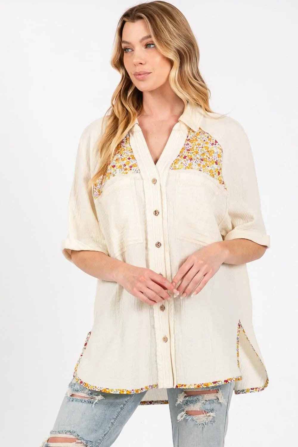 Pants Trendsi Floral Button Up Women's Casual Shirt - Short Sleeve, Lightweight