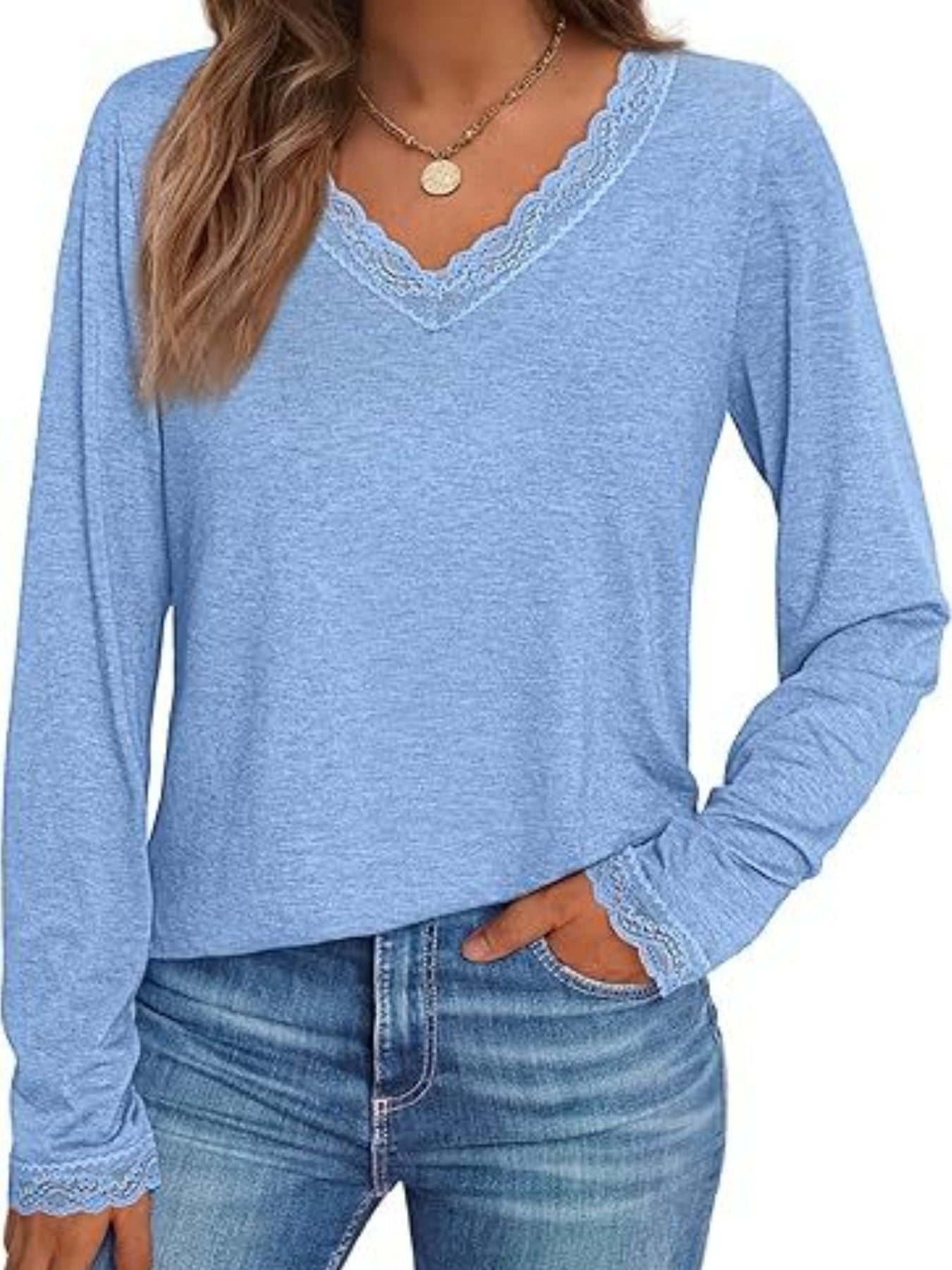 Women's Lace Trim V Neck Long Sleeve Top