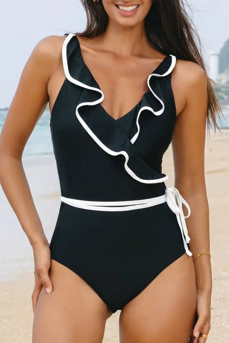 Accessories Love Salve Black Ruffle Swimsuit Vacation Women's One-Piece: Elegant & Flattering