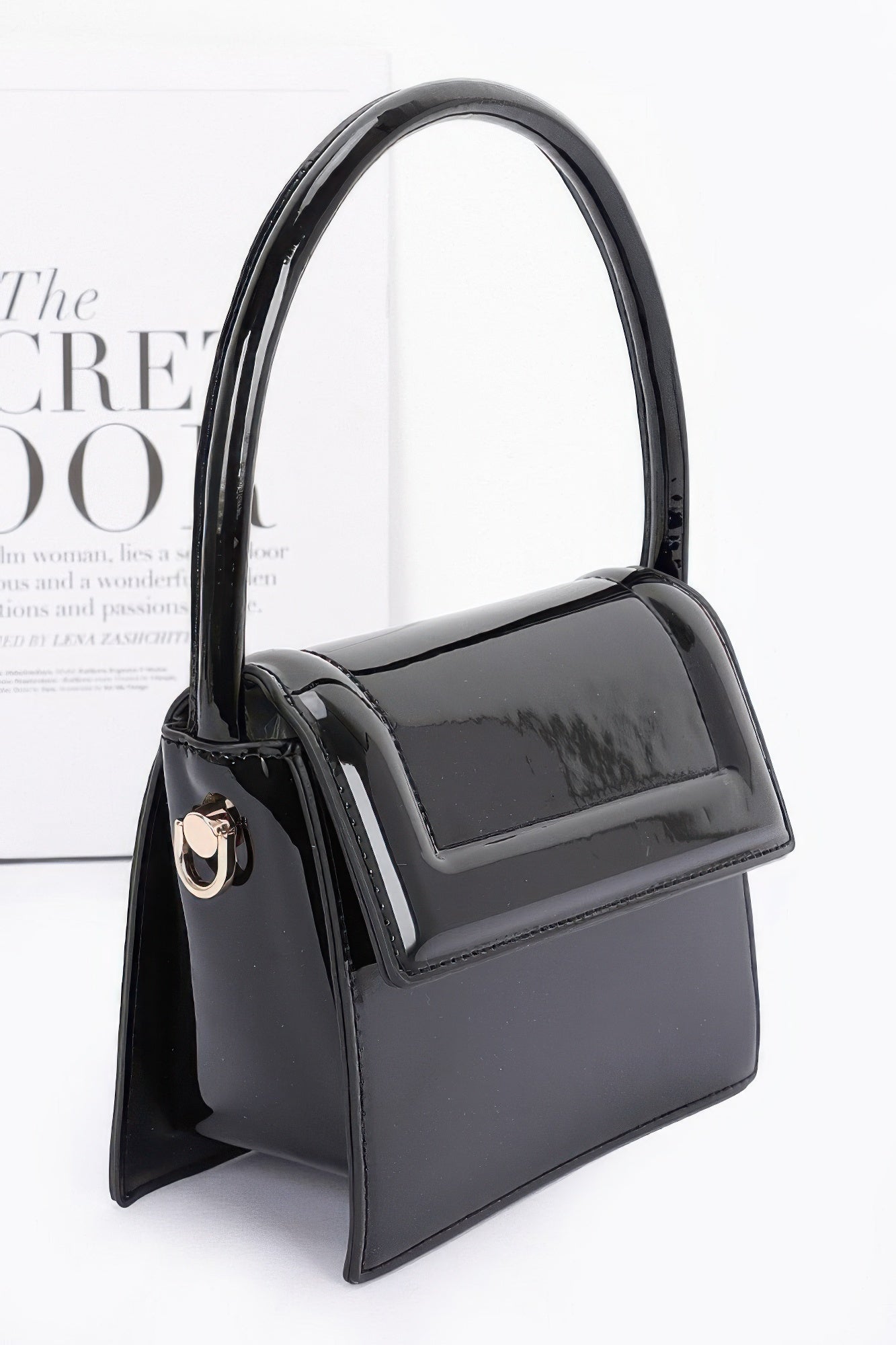 Enamel Top Handle Flap Bag with Crossbody Strap