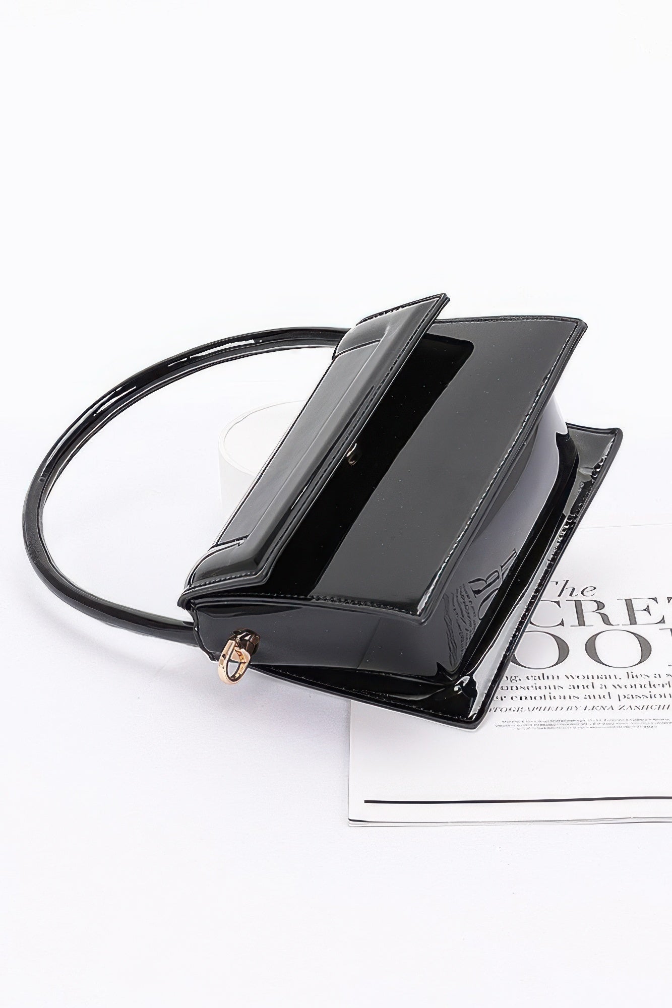 Enamel Top Handle Flap Bag with Crossbody Strap