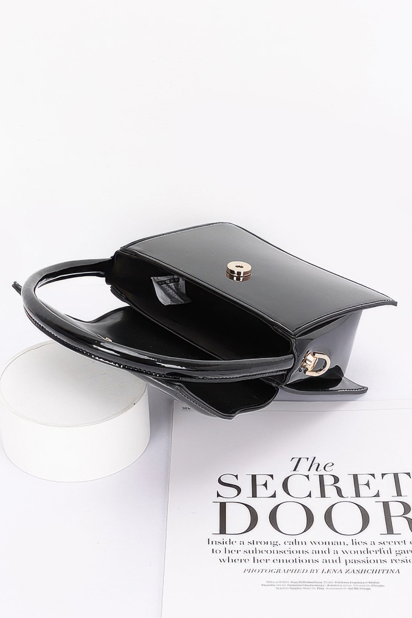 Enamel Top Handle Flap Bag with Crossbody Strap