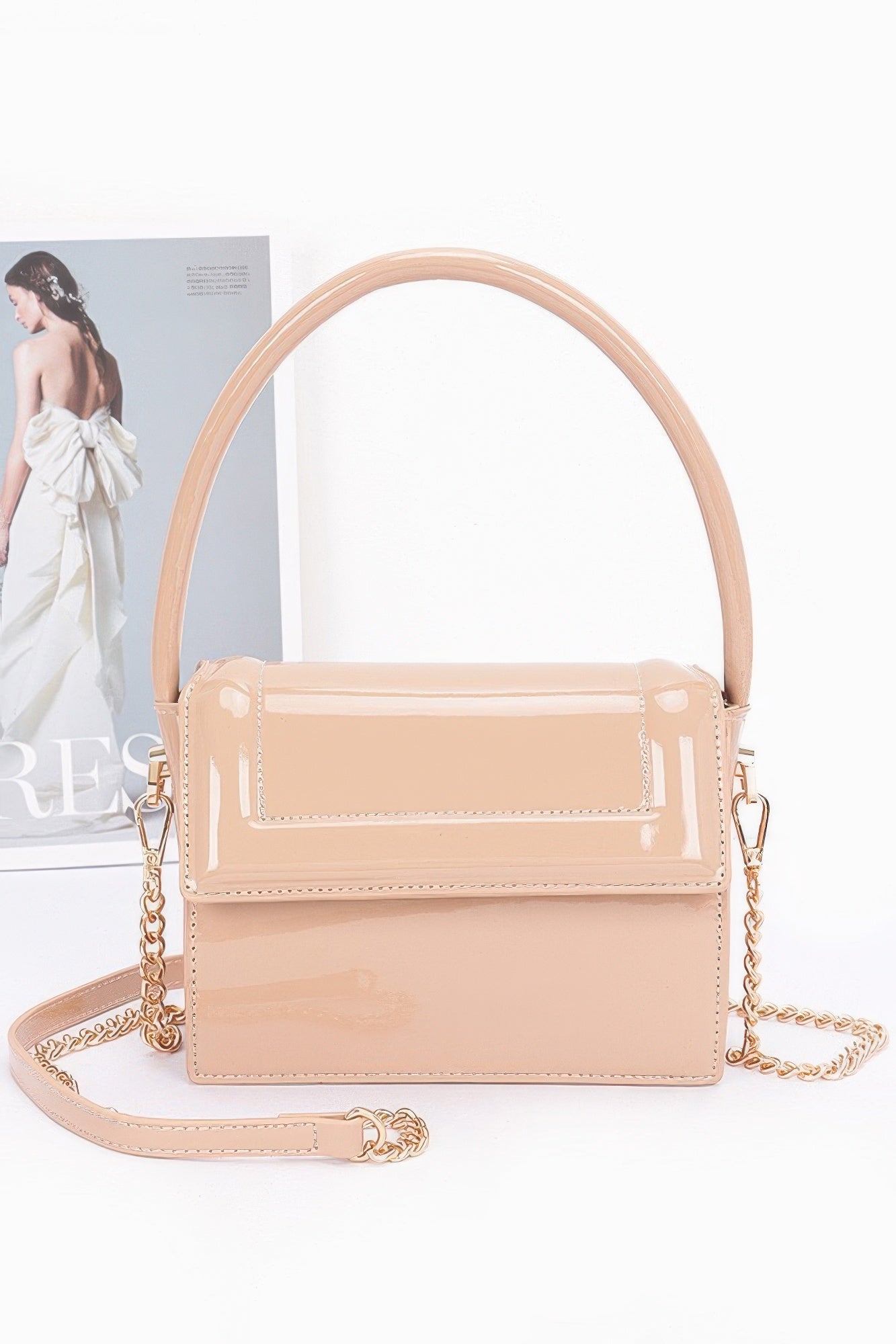 Enamel Top Handle Flap Bag with Crossbody Strap
