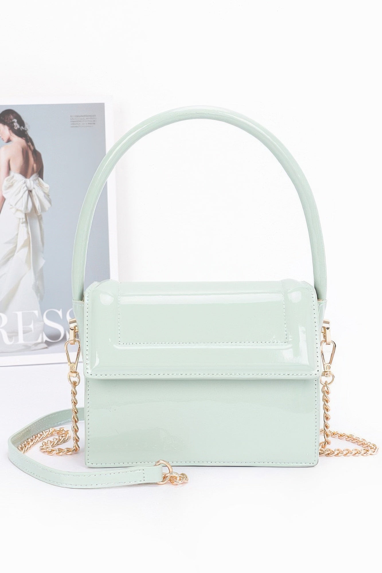 Enamel Top Handle Flap Bag with Crossbody Strap