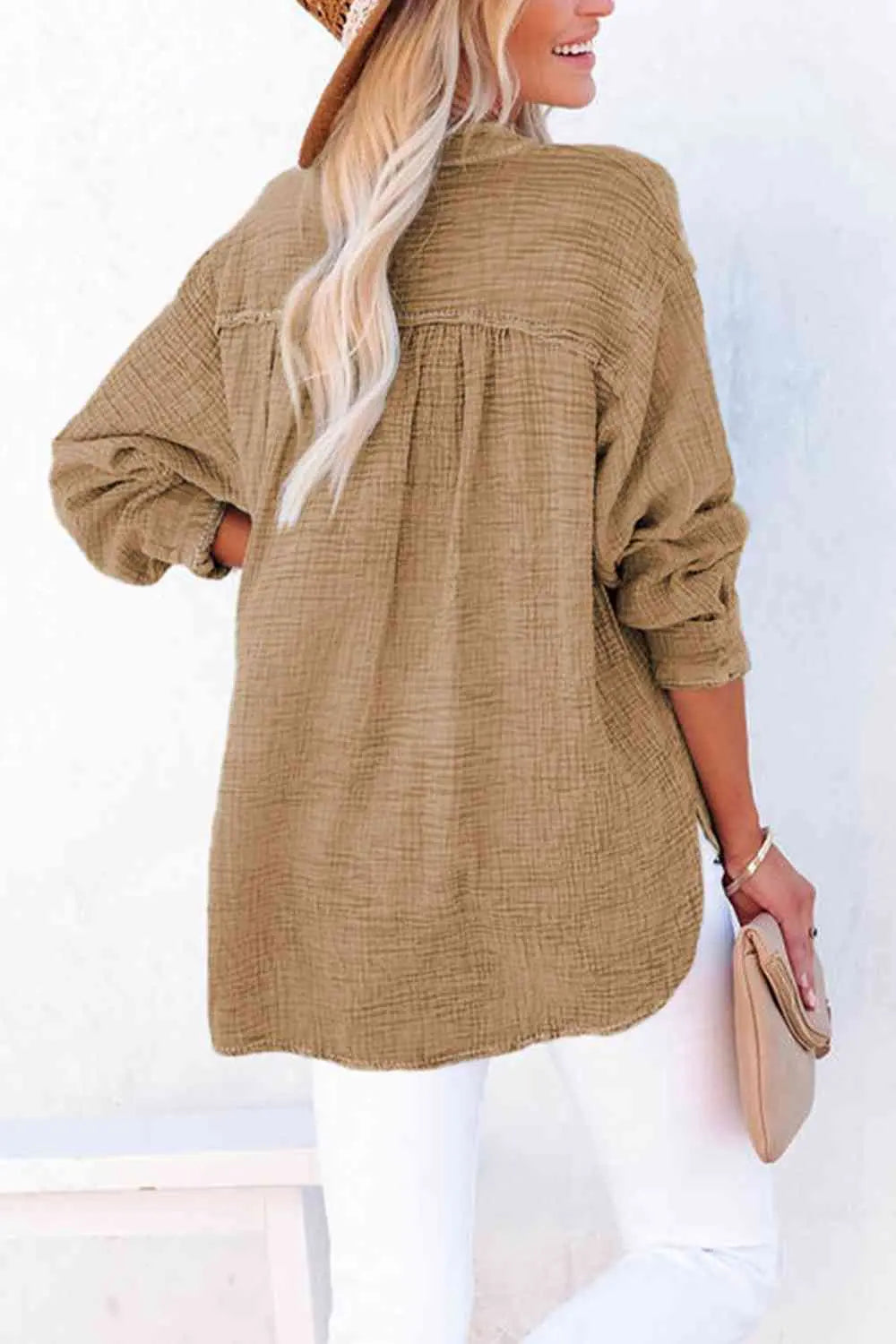 Women's Textured Cotton Buttoned Long Sleeve Blouse