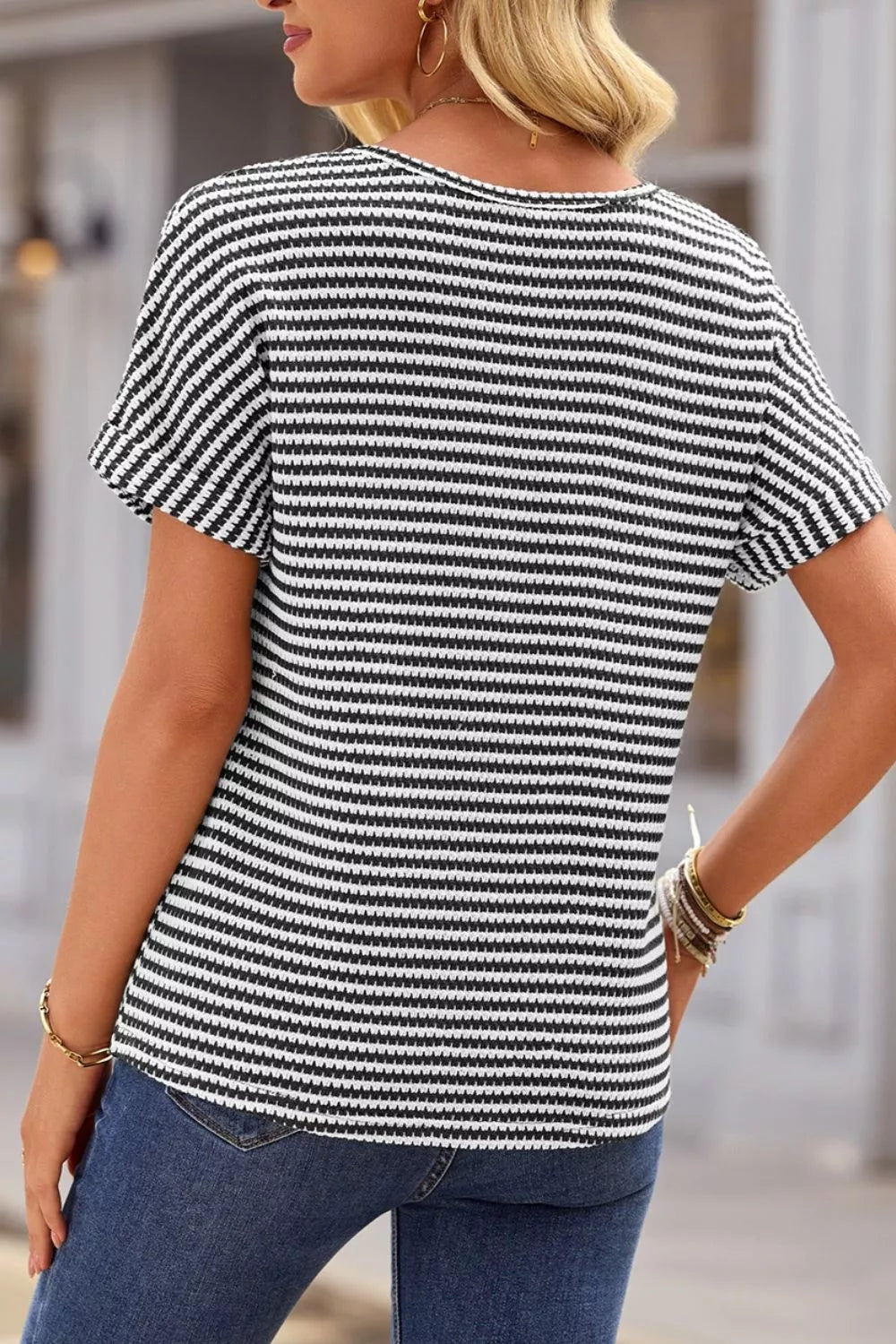 Stripe Textured Knit Notched Neck Cuffed Short Sleeve Shirt