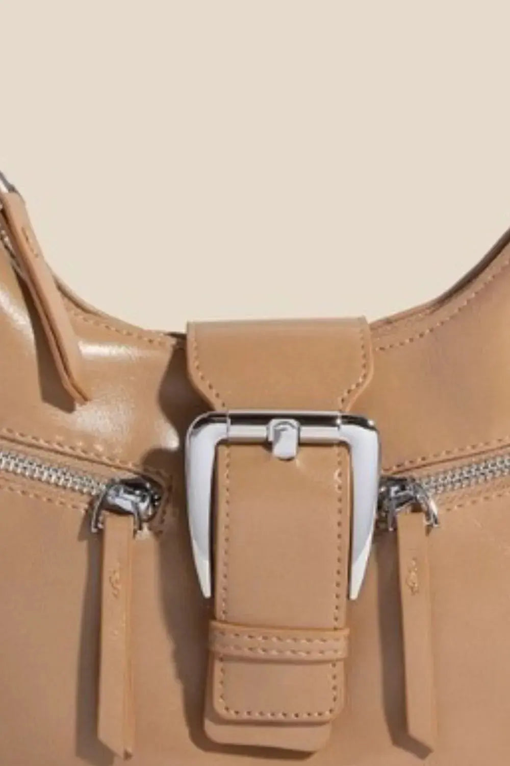 Fame Tan Large Buckle Triple Zipper Faux Leather Shoulder Handbag