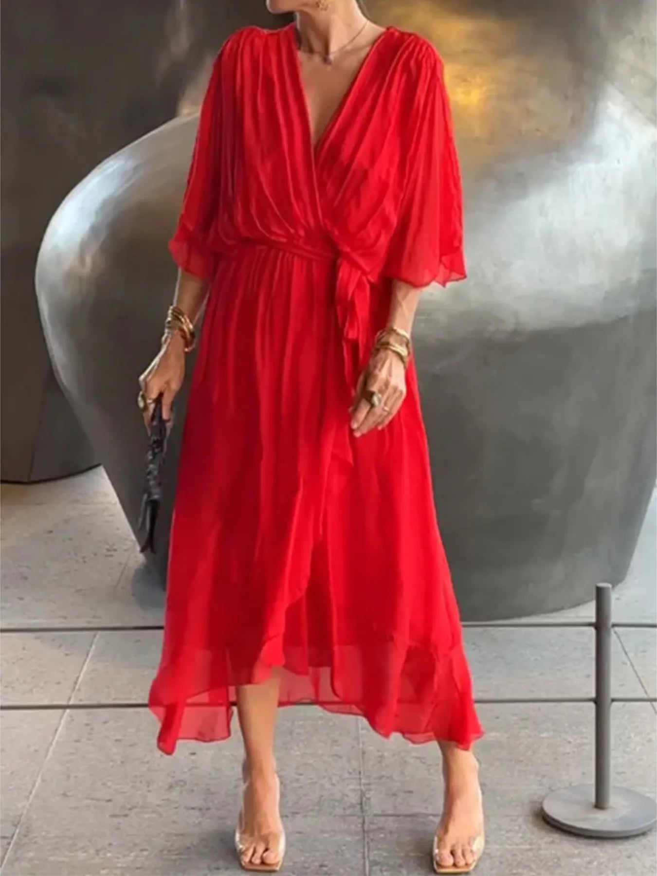 Flowy Tie Front Midi Dress with Flutter Sleeves