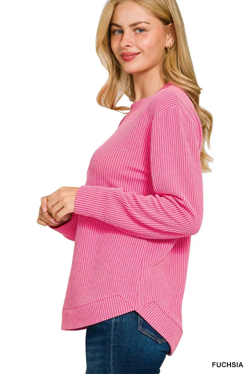 Zenana Plus Size Raised Rib Round Neck Long Sleeve Top