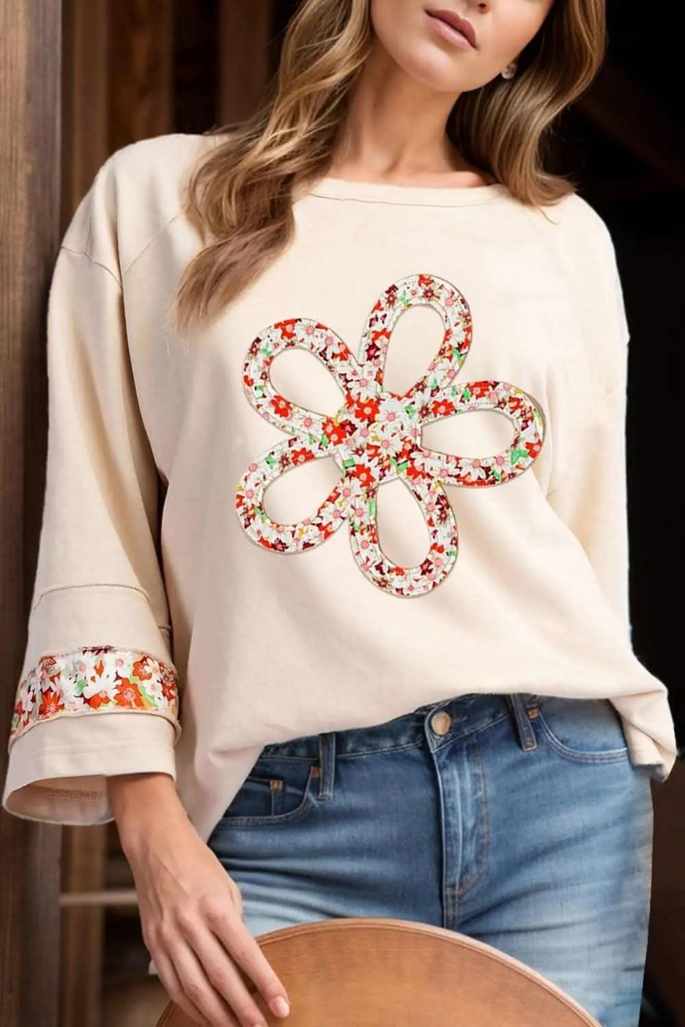 Shirts Trendsi Floral Blouse Women's Chic Round Neck Top Slits & Seams