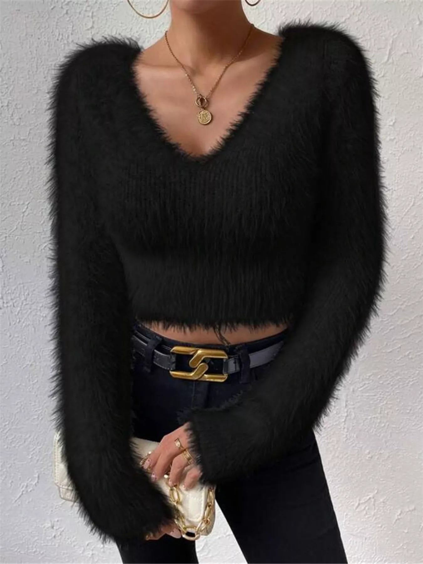 Fluffy Knit V Neck Sweater
