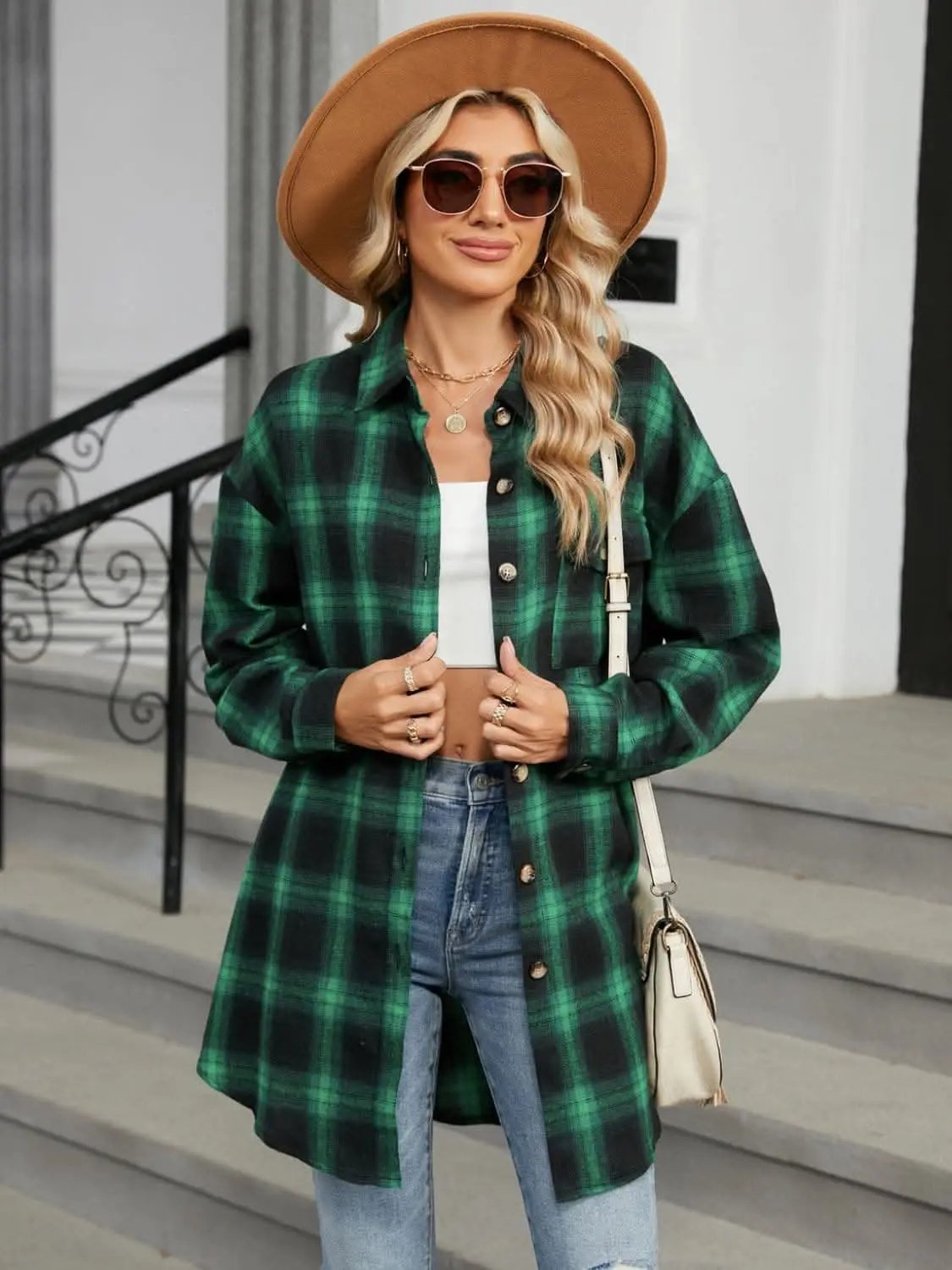 Trendsi Plaid Collared Shirt Long Sleeve — Casual Dusty Pink