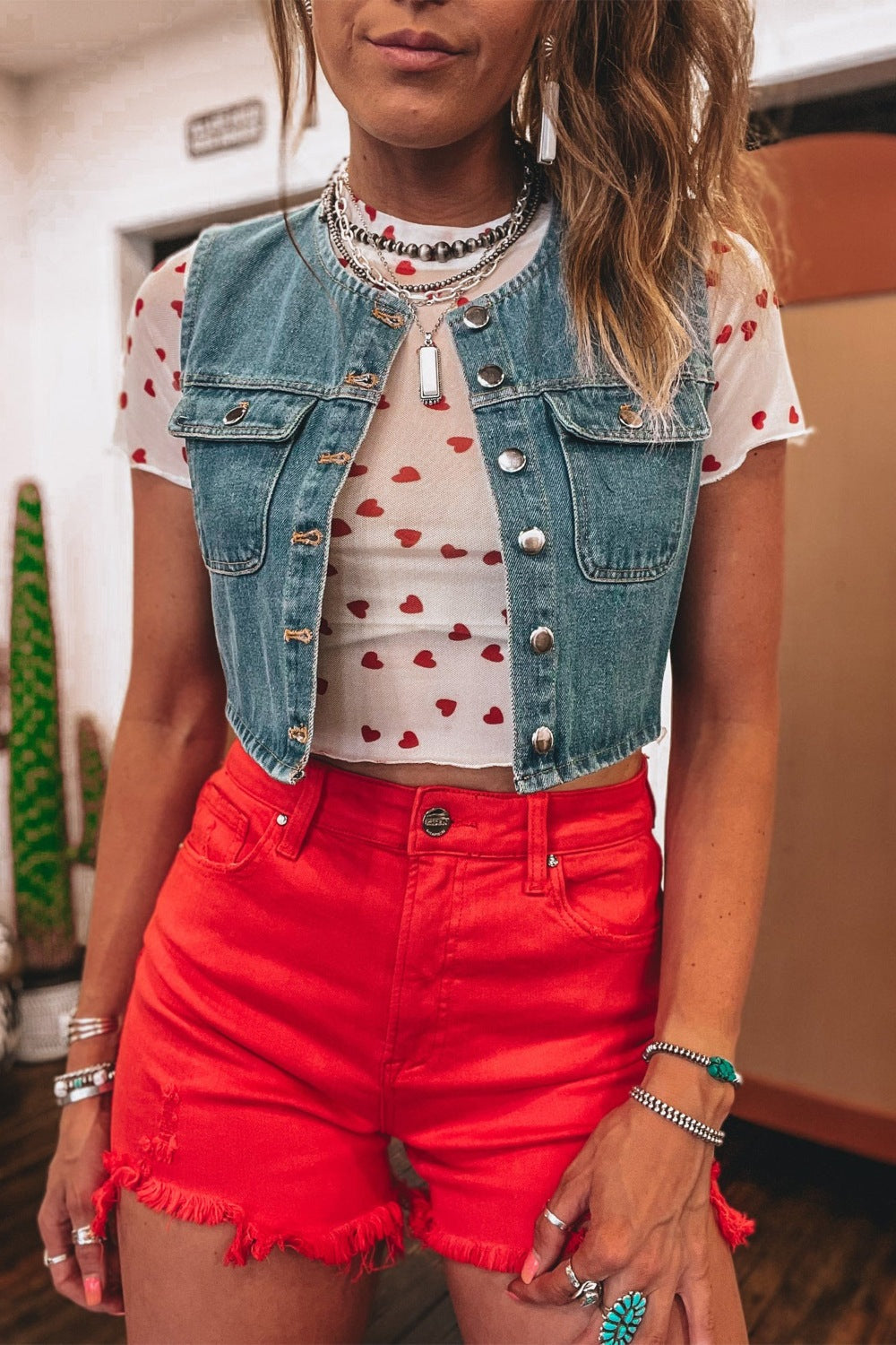 Women's Sheer Heart Print Fitted Mesh Blouse