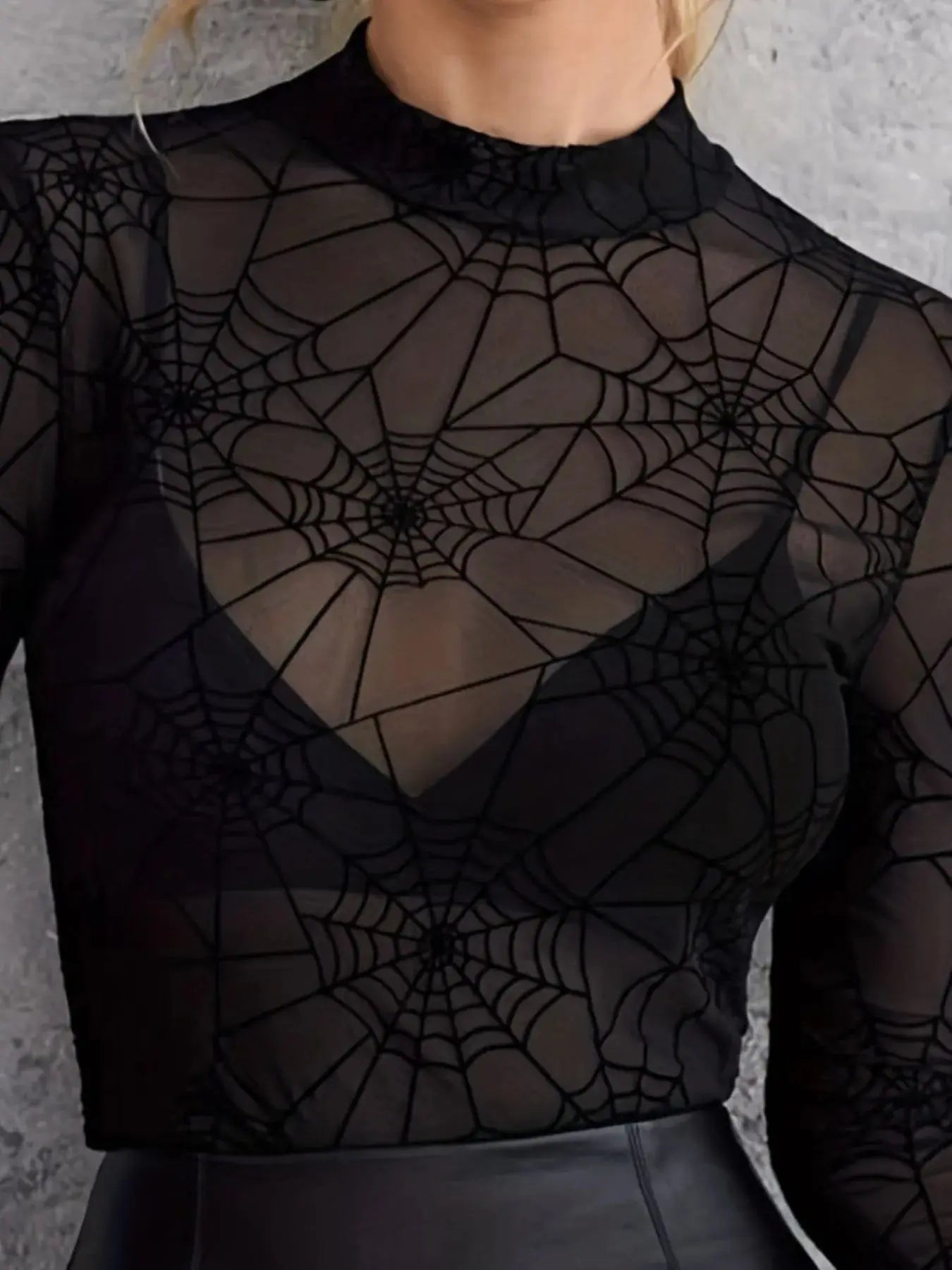 Spider Web Print Mesh Long Sleeve Blouse