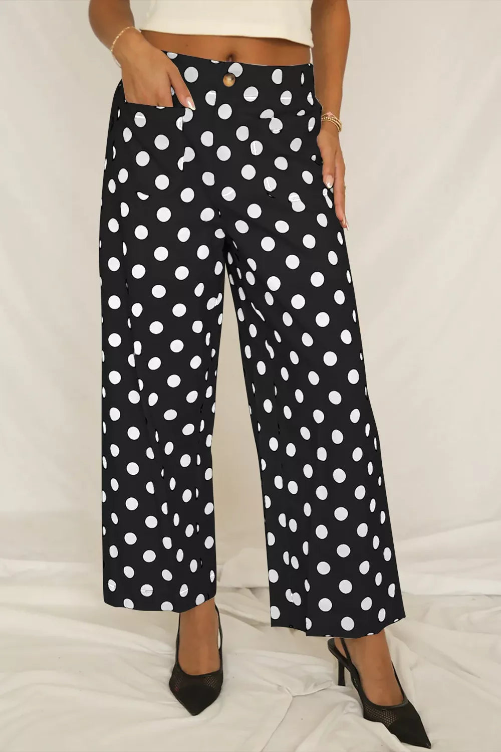 Polka Dot Print Patched Pocket Mid Rise Straight Leg Pants
