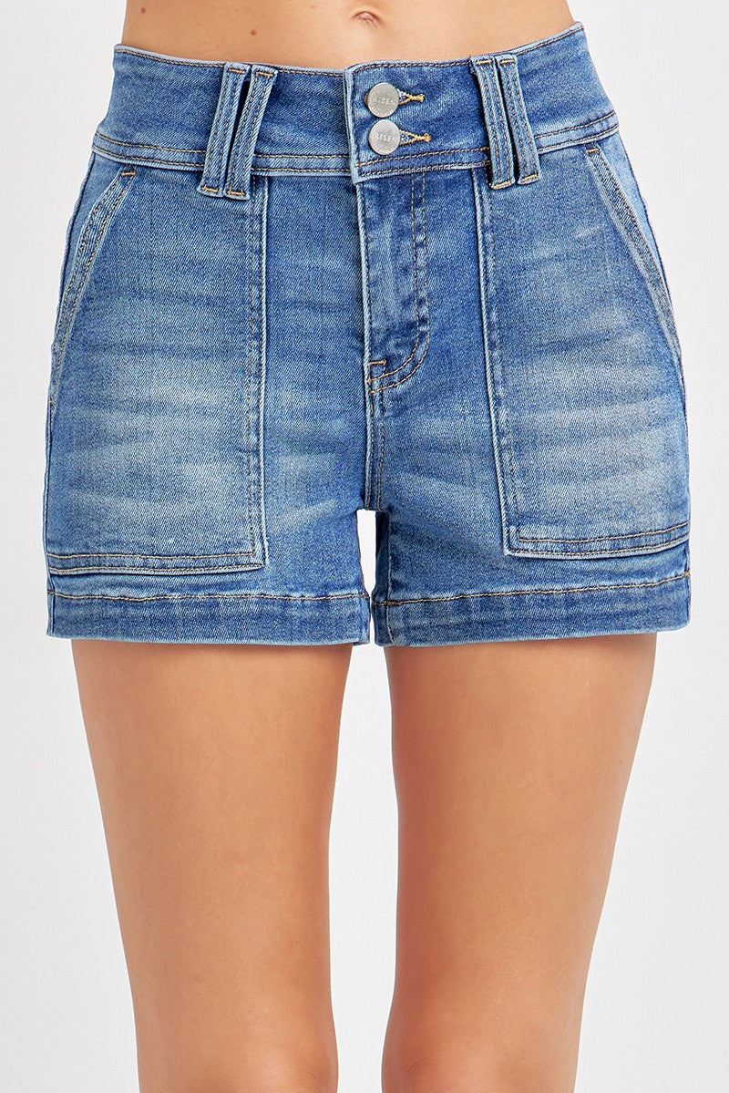RISEN High Rise Patched Front Pocket Denim Shorts