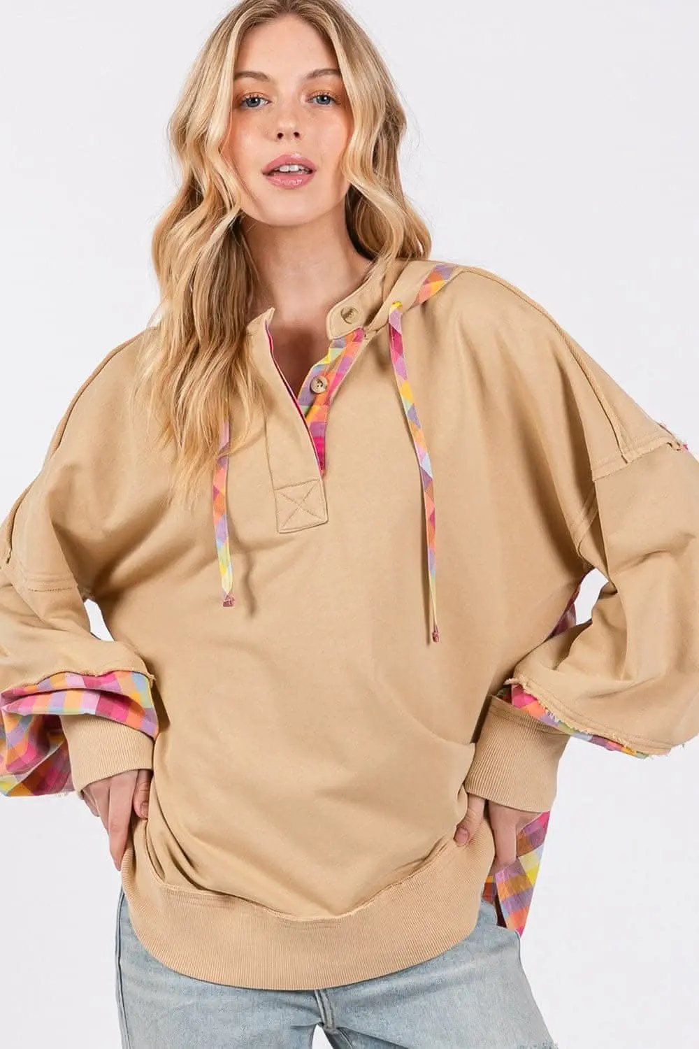 Jackets Trendsi SAGE+FIG Plaid Hoodie Women's Casual Comfy Washed Pullover