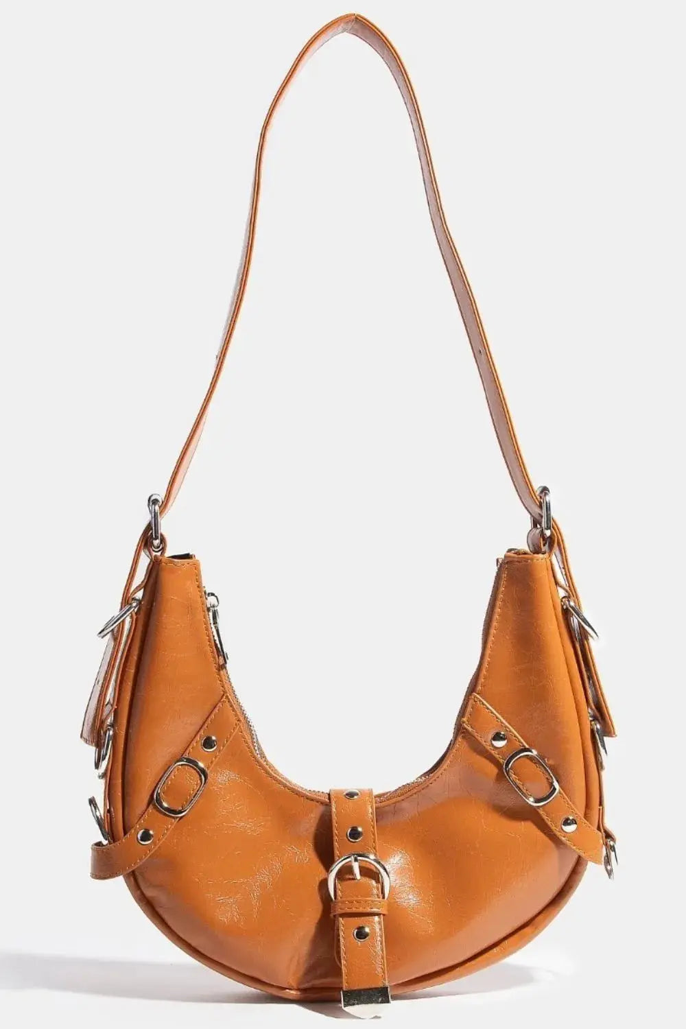 Fame Multi Belt Strap Cognac Shoulder Bag – Buckle Accent Crescent Purse