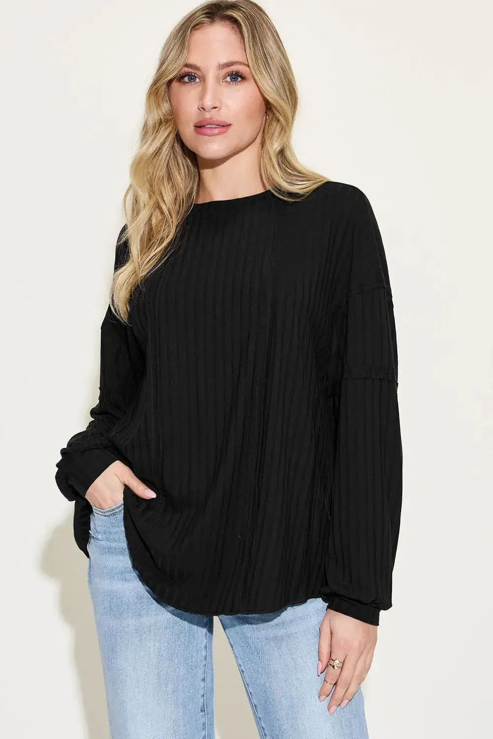 Basic Bae Full Size Round Neck Ribbed Long Sleeve T Shirt