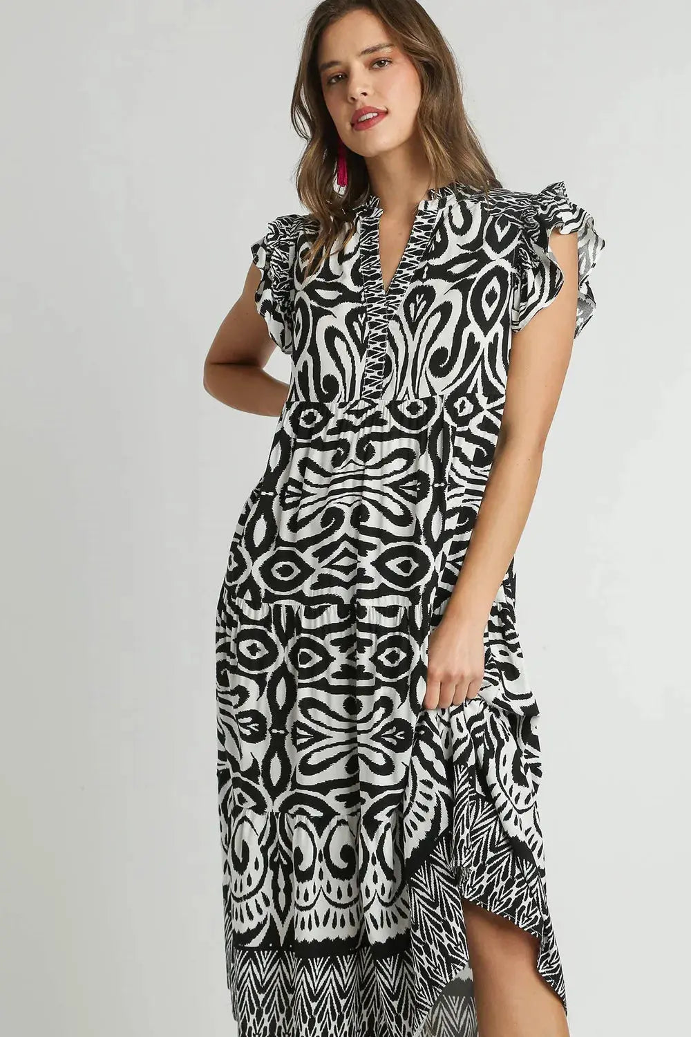 Umgee Two Tone Border Print Ruffle Cap Sleeve Midi Dress – Plus Size