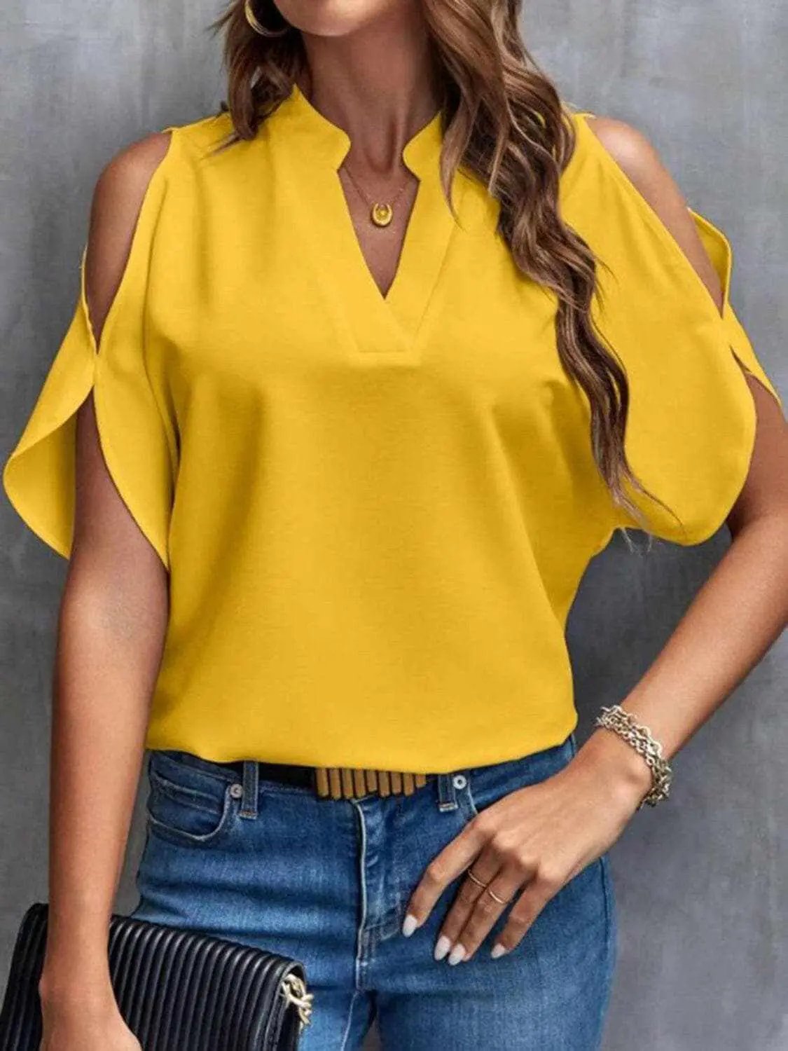 T-Shirts Trendsi just arrived - Chic notched cold shoulder blouse