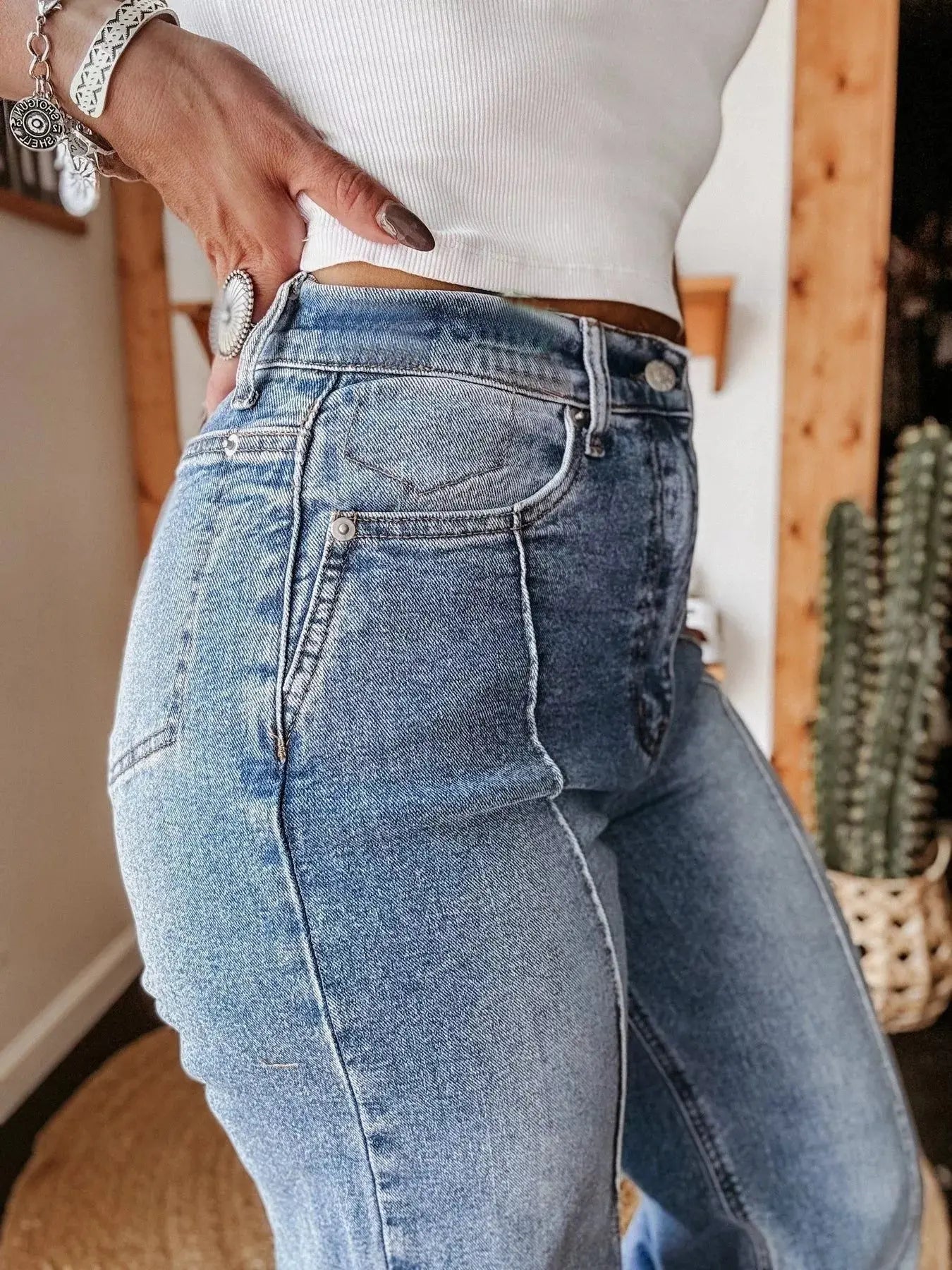 High Waisted Wide Leg Cuffed Jeans
