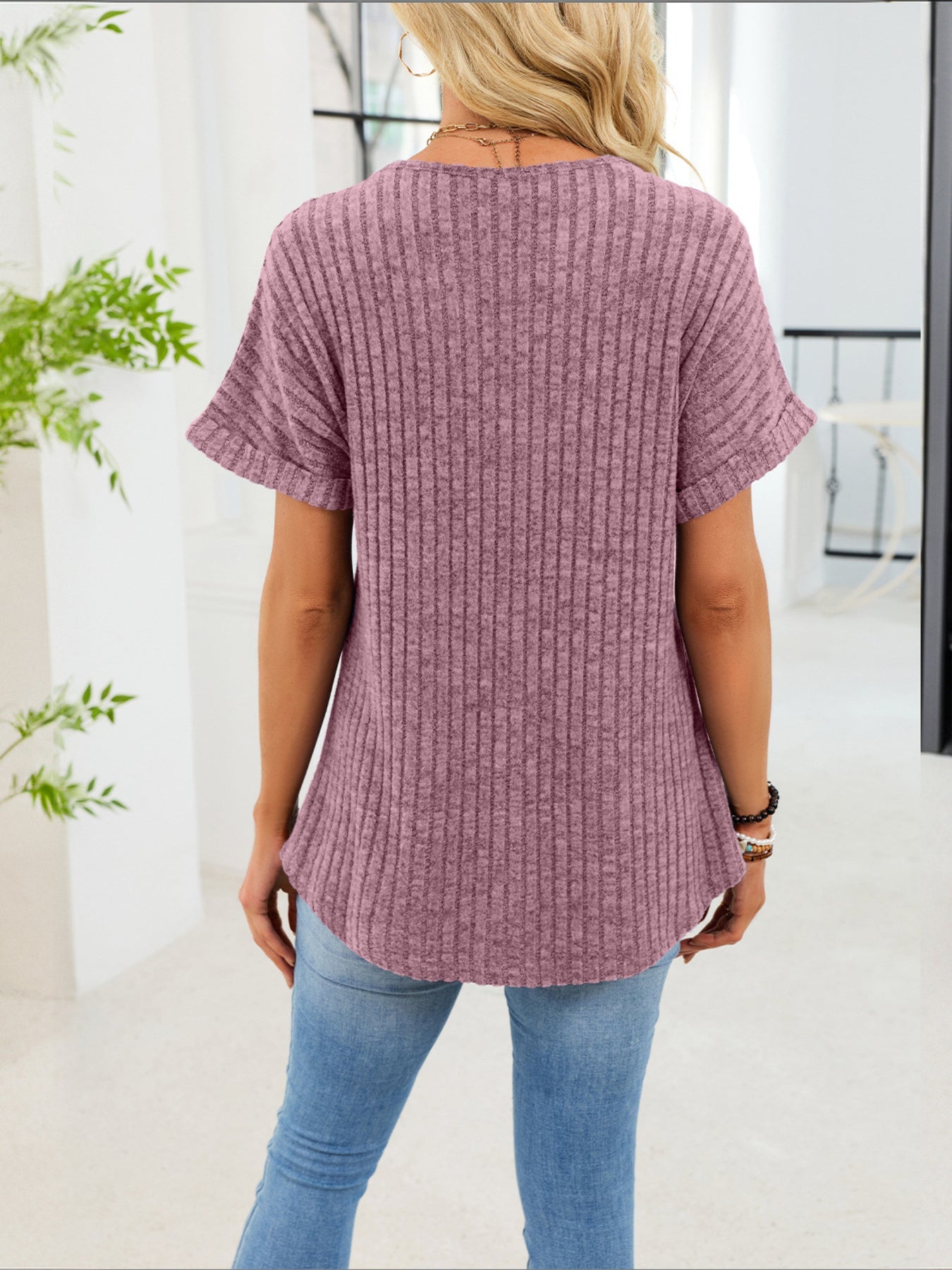 Women's Ribbed Knit Button V Neck Short Sleeve T Shirt