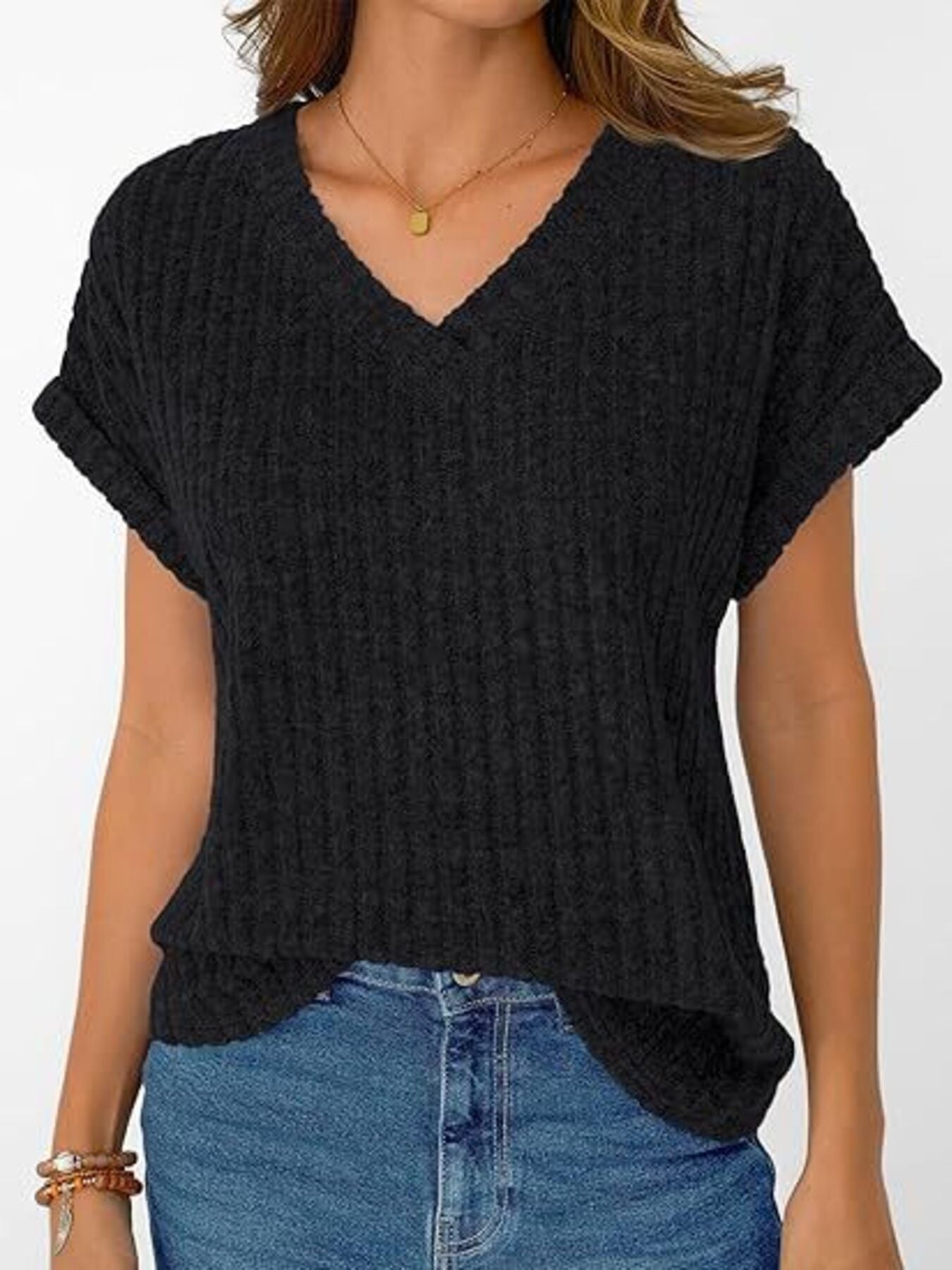 Ribbed Knit V Neck Relaxed Fit T Shirt