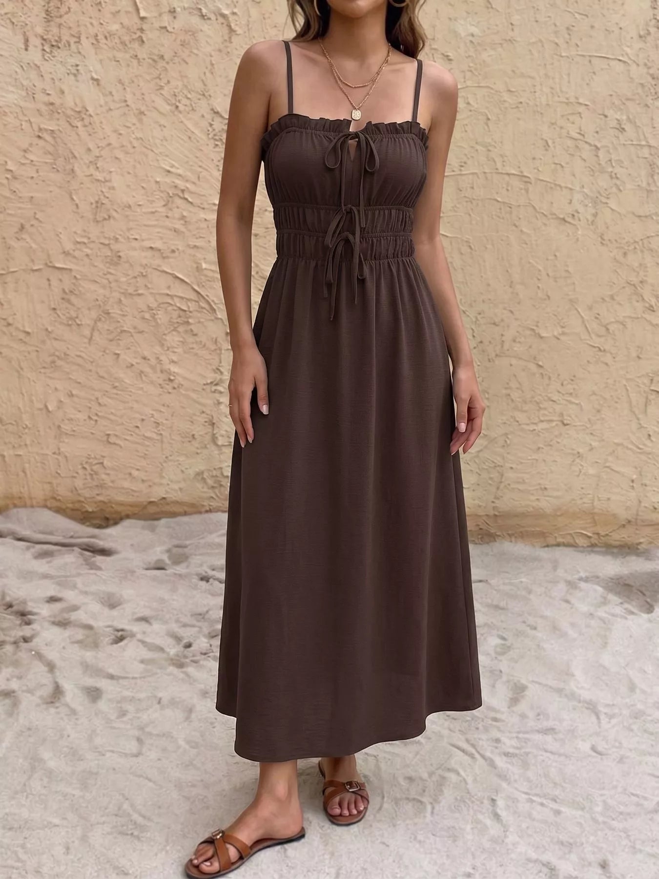 Tie-Front Brown A Line Dress