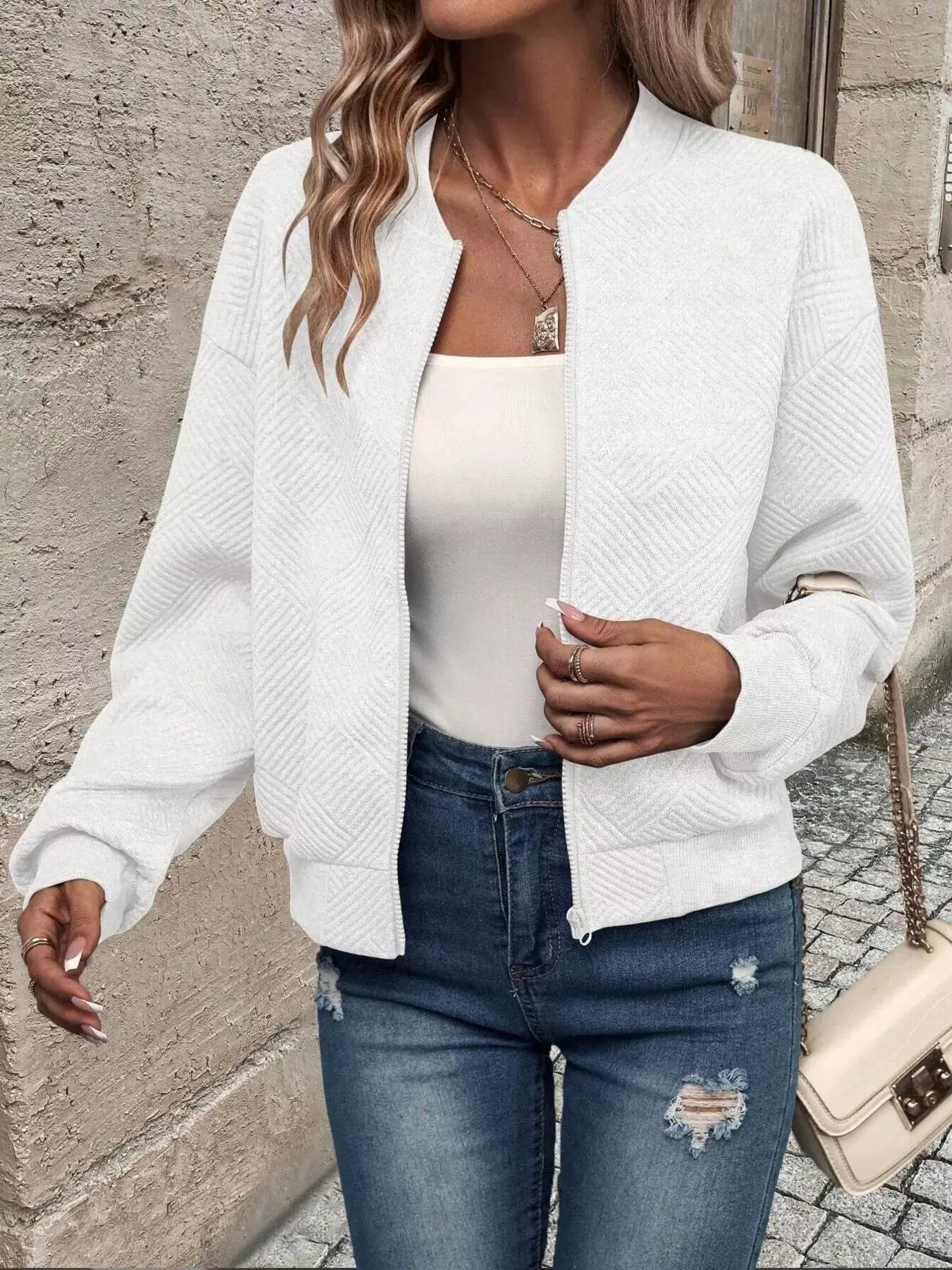 Texture Zip Up Bomber Jacket