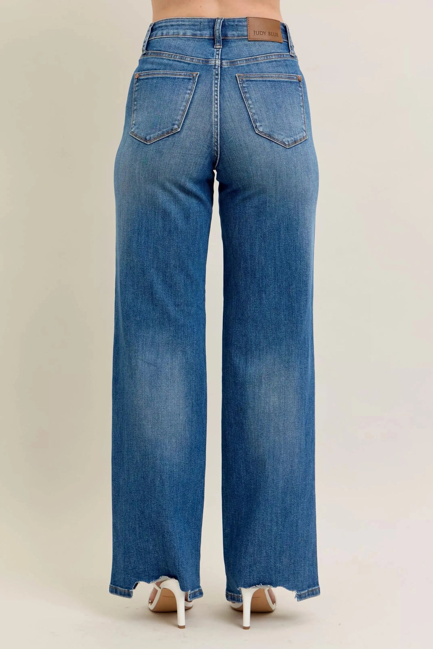 Judy Blue Full Size High Waist Tummy Control Destroy Wide Leg Jeans with Chew Hem