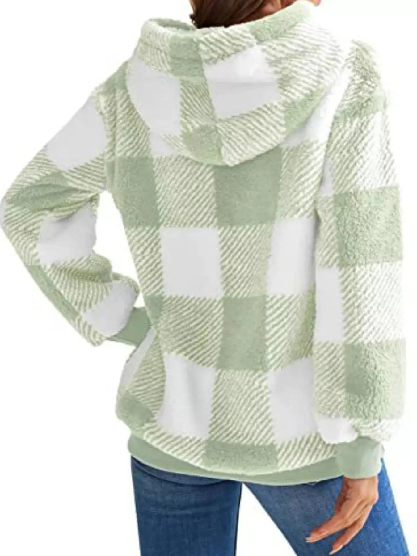 Plus Size Plaid Drawstring Sherpa Hoodie