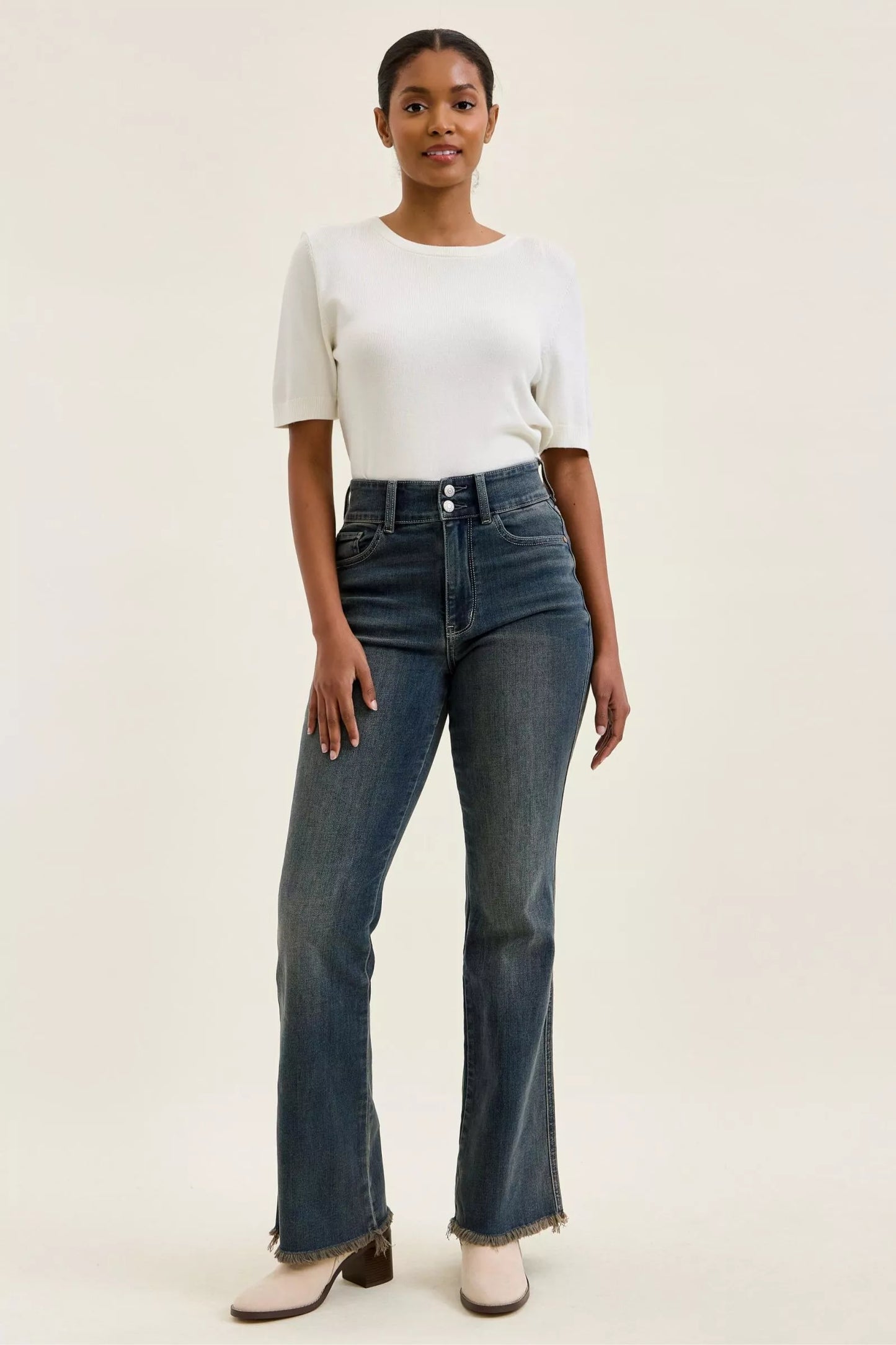 Judy Blue Double Button High Waist Frayed Hem Jeans