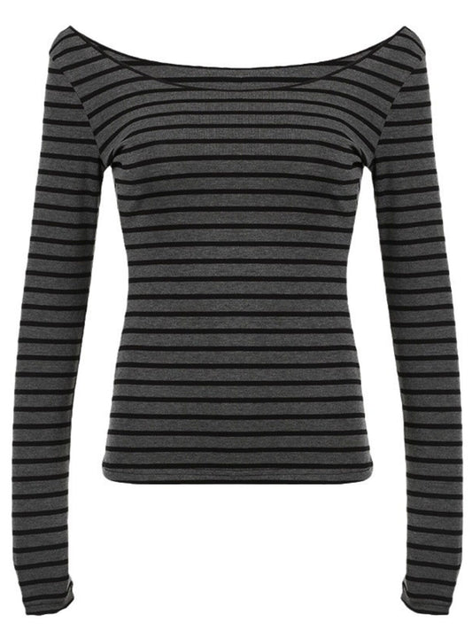 Striped Long Sleeve Boat Neck T Shirt