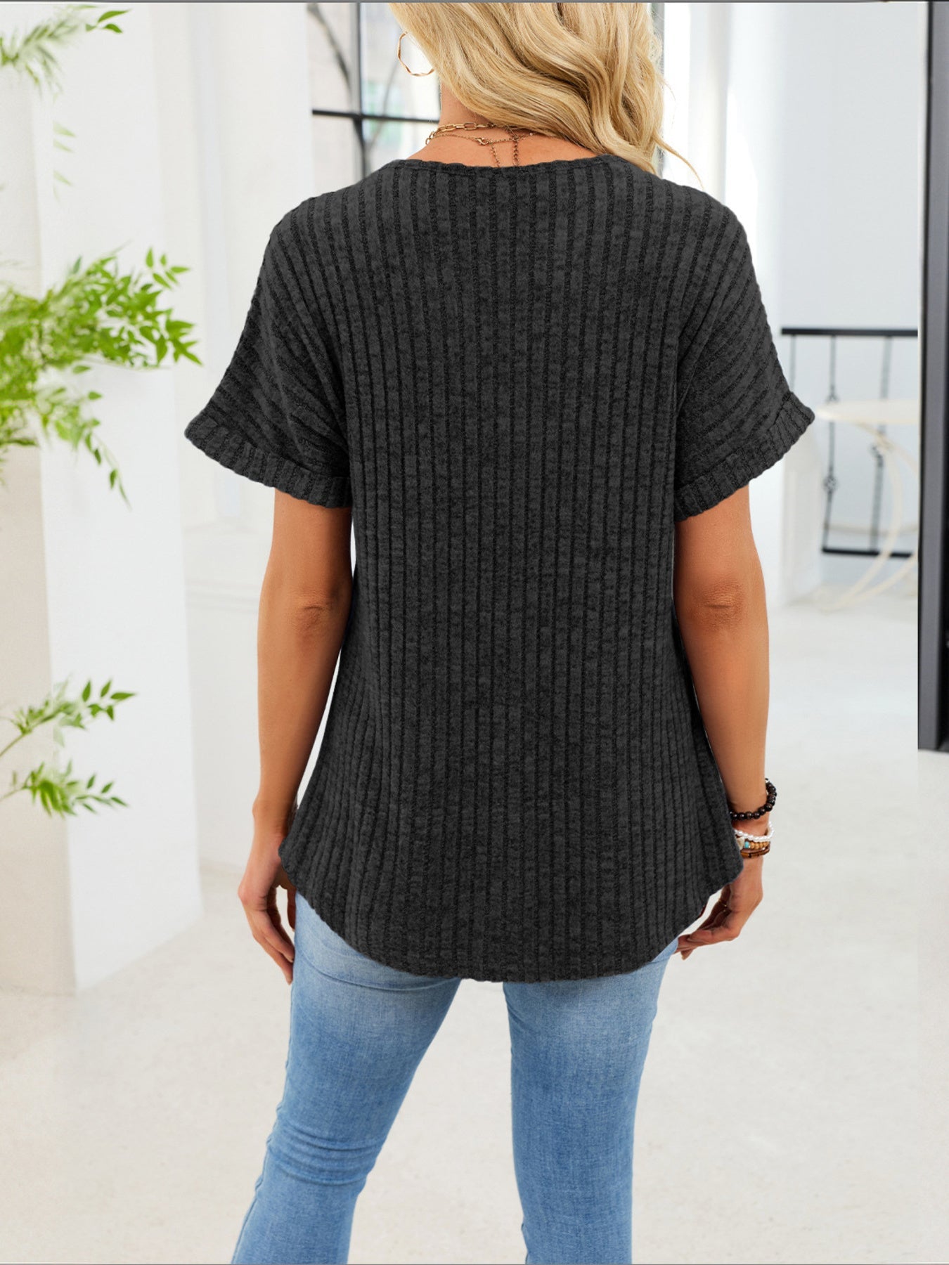 Women's Ribbed Knit Button V Neck Short Sleeve T Shirt