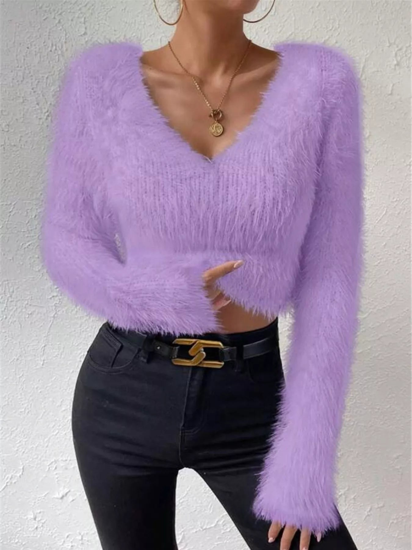 Fluffy Knit V Neck Sweater