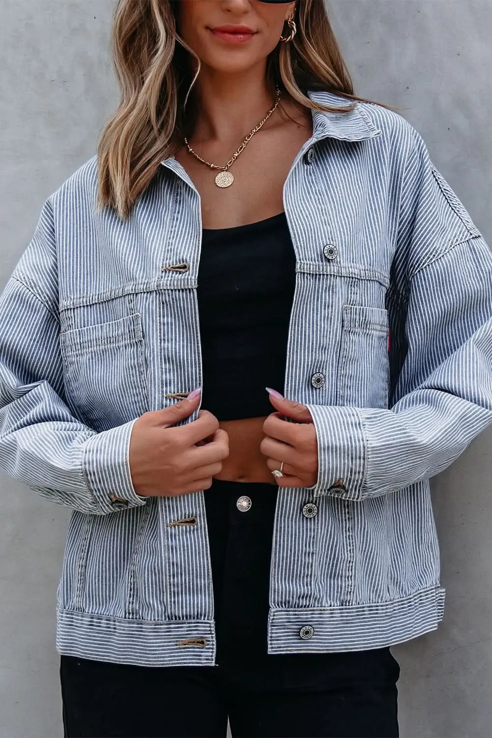 Shirts Love Salve Sky Blue Denim Jacket Women's Casual Oversized Pocketed Vintage