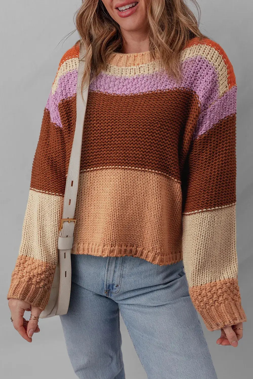 Striped Round Neck Colorblock Sweater
