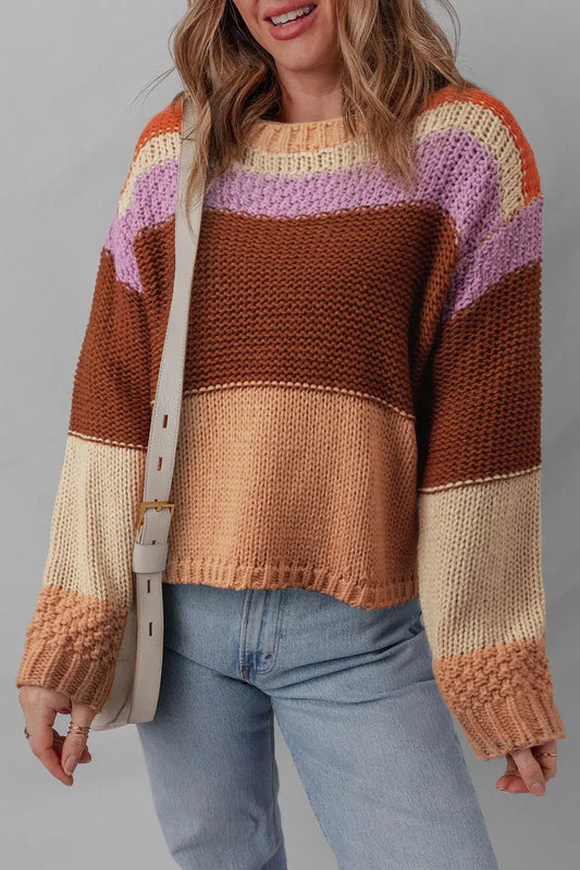 Striped Round Neck Colorblock Sweater