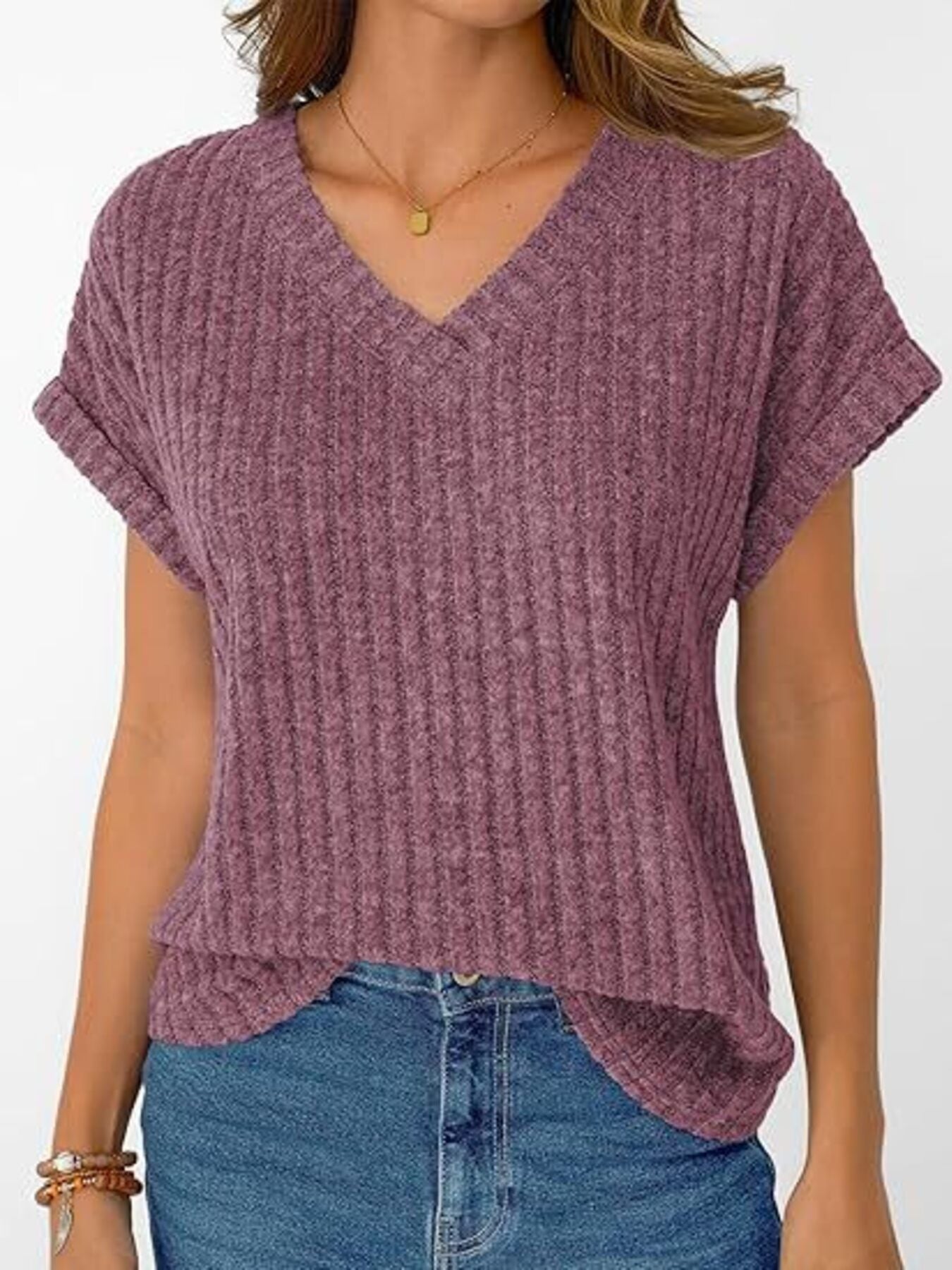 Ribbed Knit V Neck Relaxed Fit T Shirt