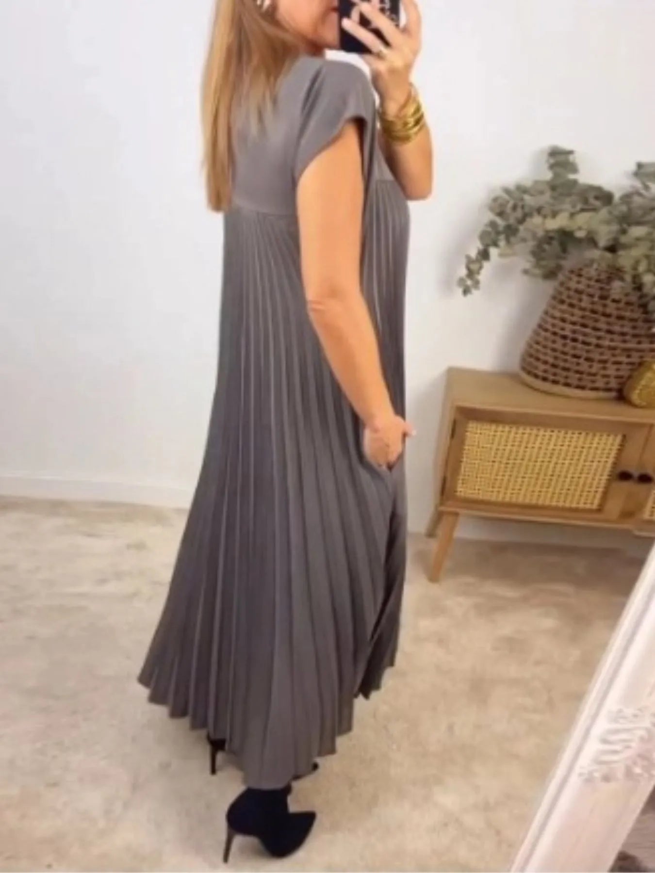Pleated Round Neck Maxi Dress