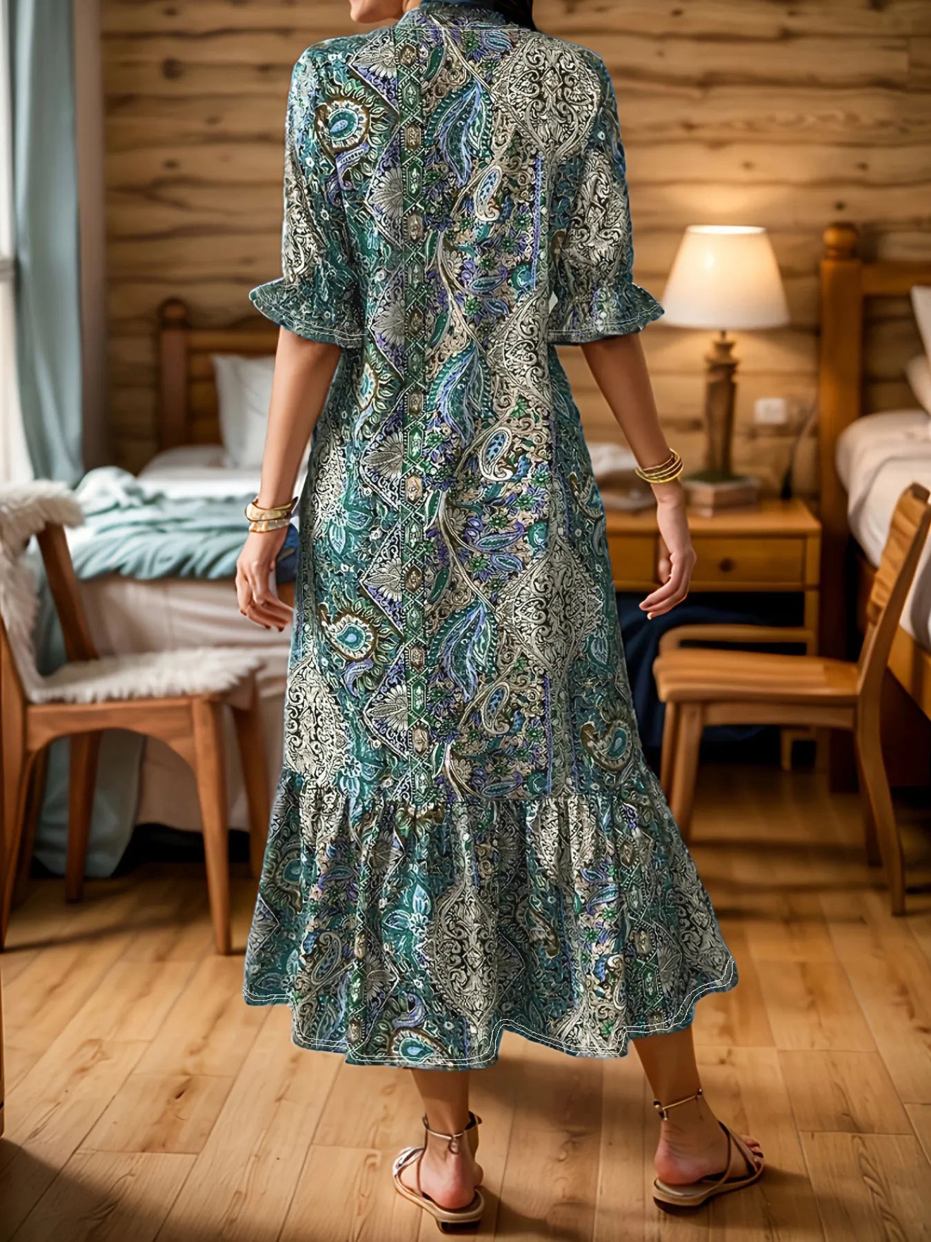 Bohemian Paisley Print Ruffle Hem Midi Dress
