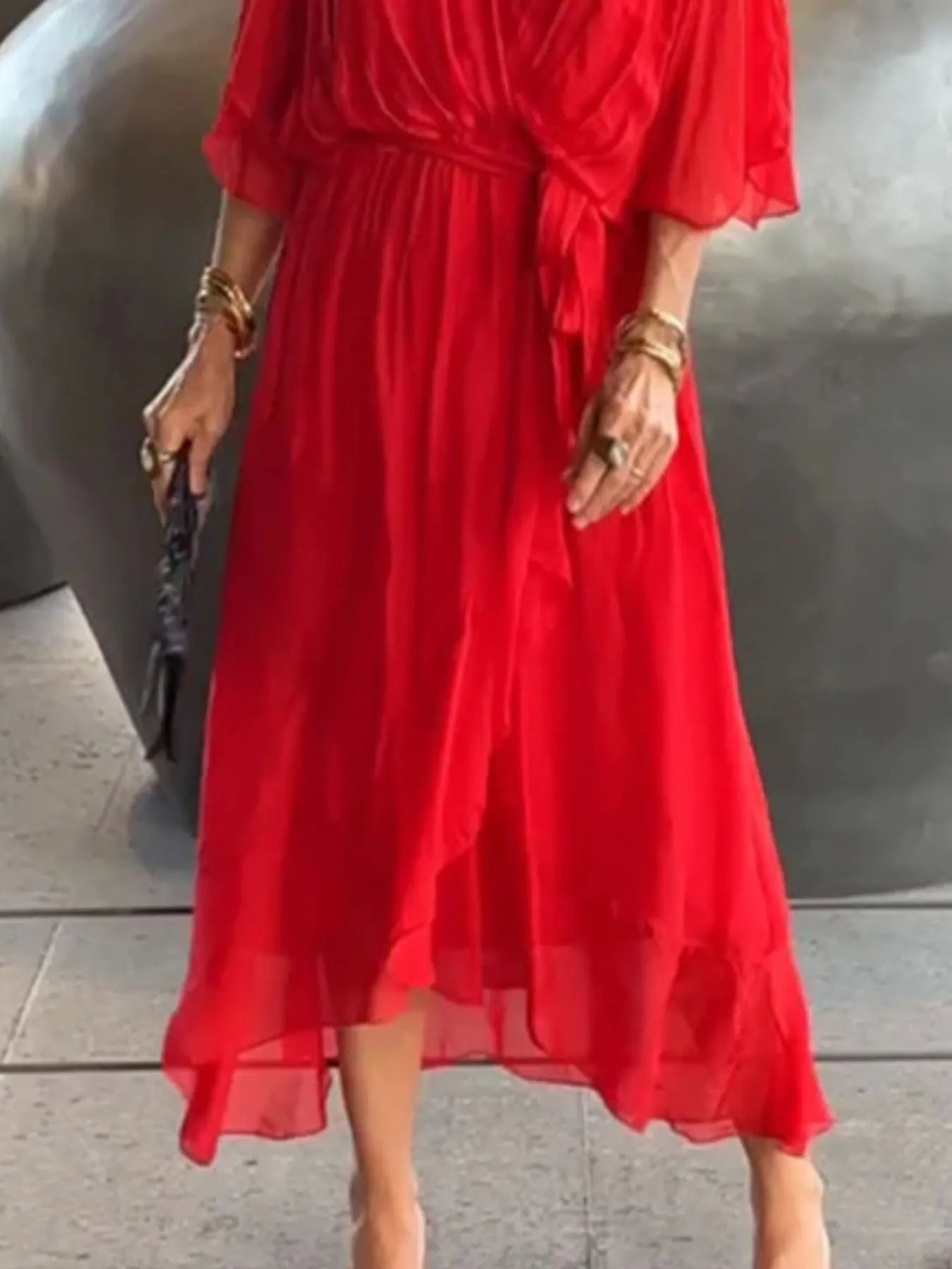 Flowy Tie Front Midi Dress with Flutter Sleeves