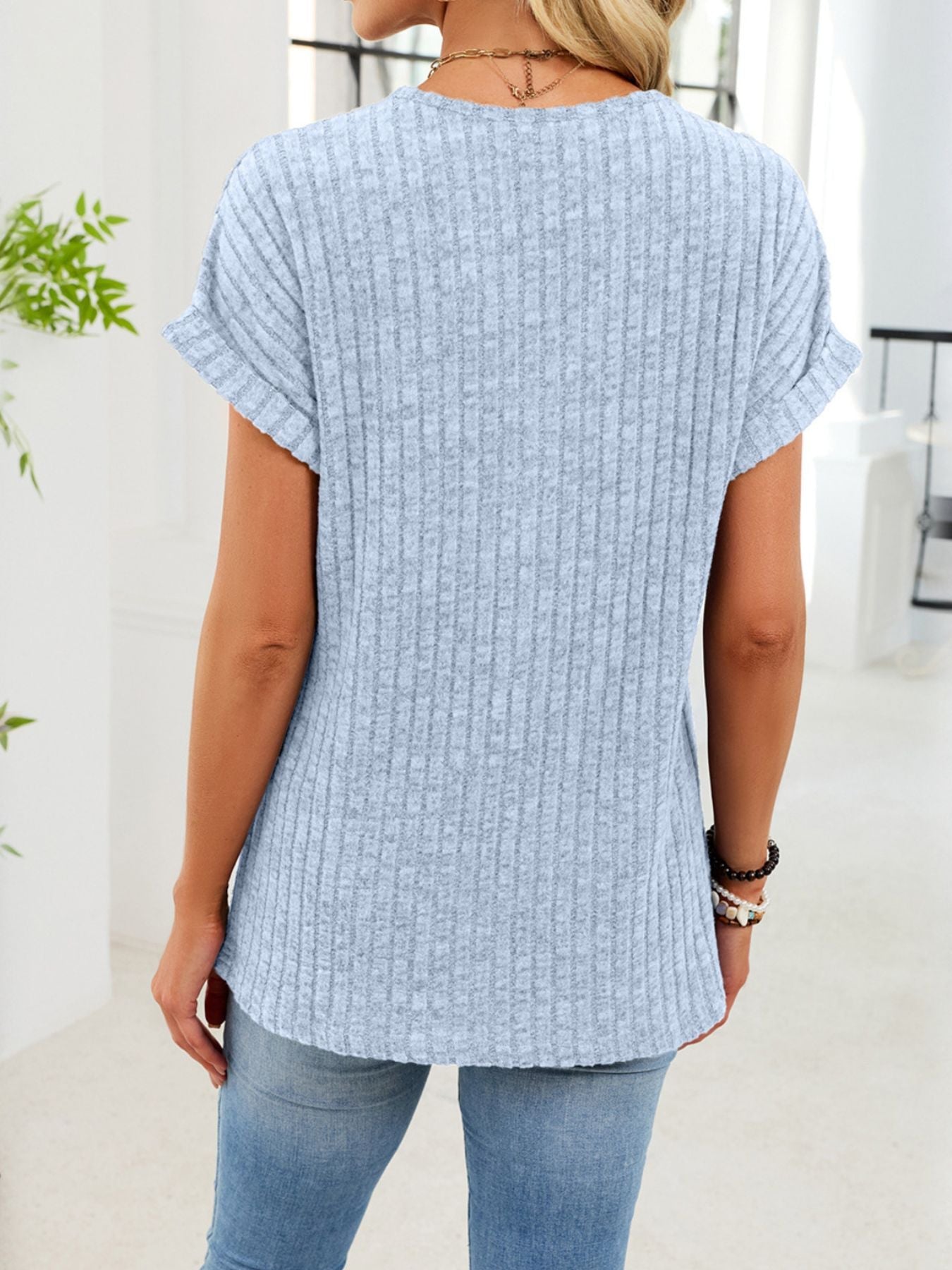 V Neck Ribbed Knit T Shirt
