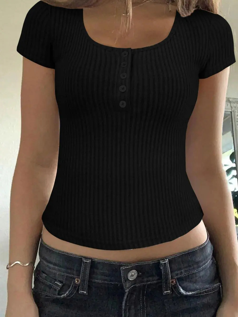 Ribbed Button Detail Round Neck Short Sleeve T Shirt